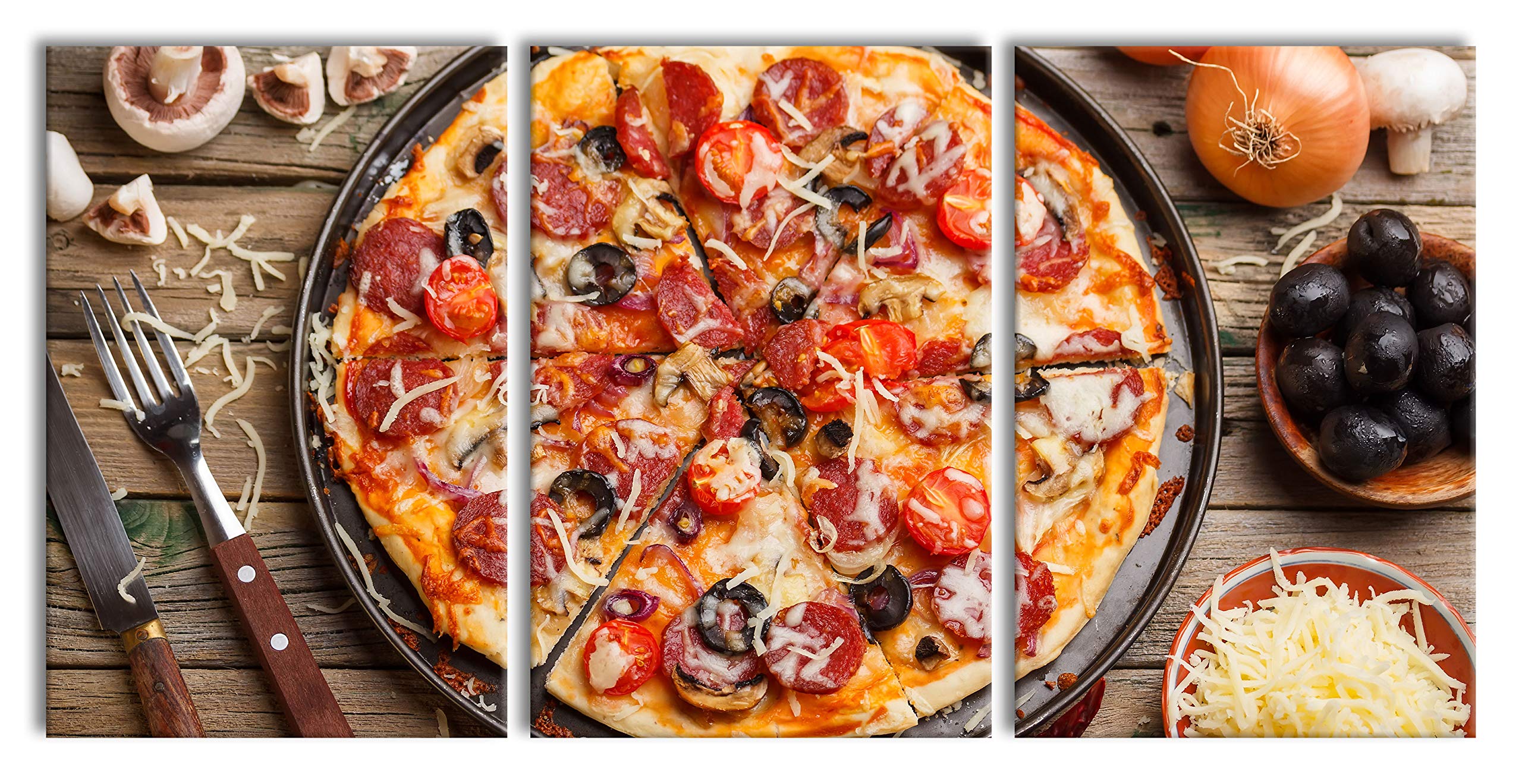 Pixxprint Leckere Pizza auf Holztisch als XXL Leinwandbild in Übergröße 240x120cm Gesamtmaß 3 teilig, Wandbild, Kunstdruck