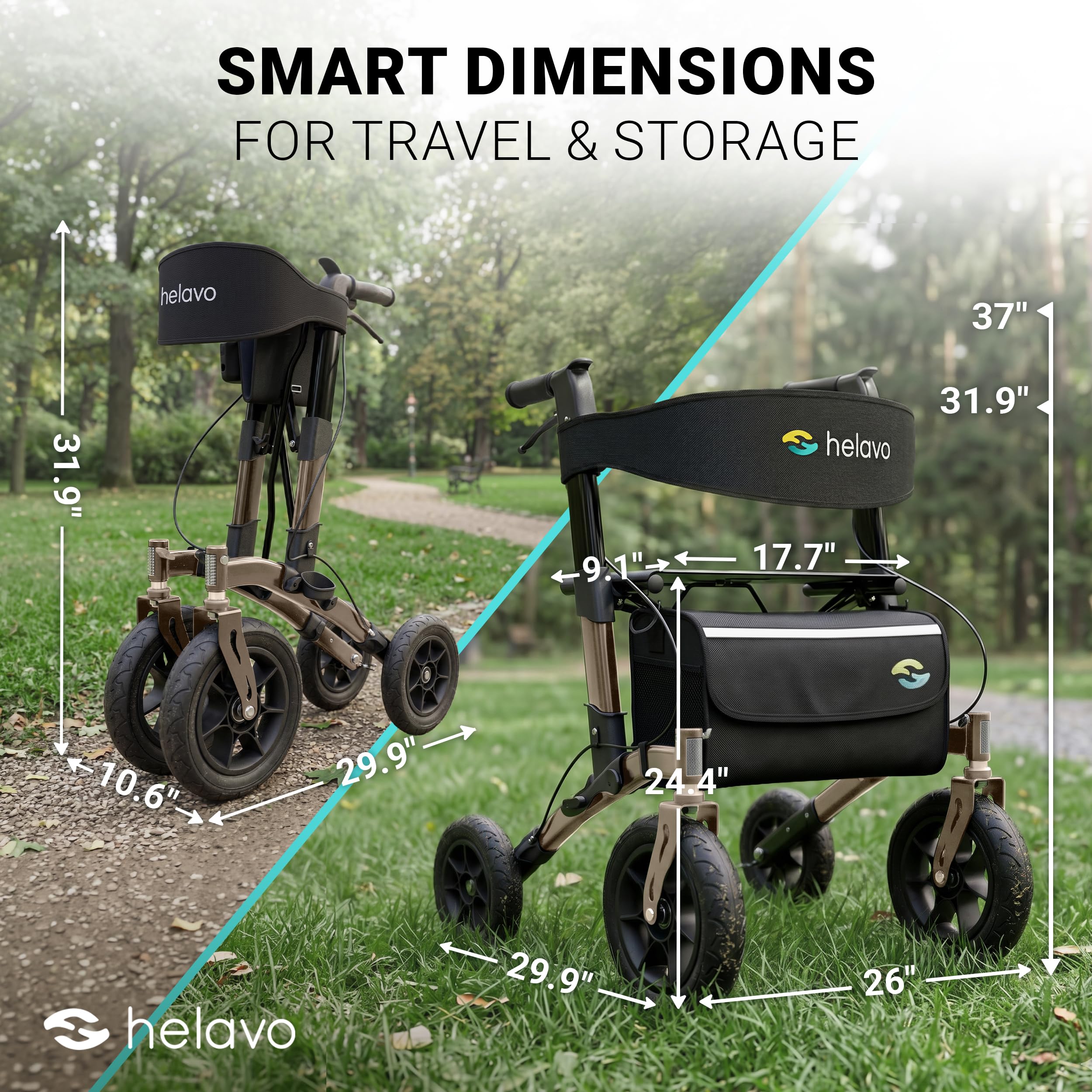 Helavo Rollator z oponami pneumatycznymi do użytku na zewnątrz – składany i lekki, z siedziskiem, aluminiowy Outdoor Walker – składany do użytku na zewnątrz