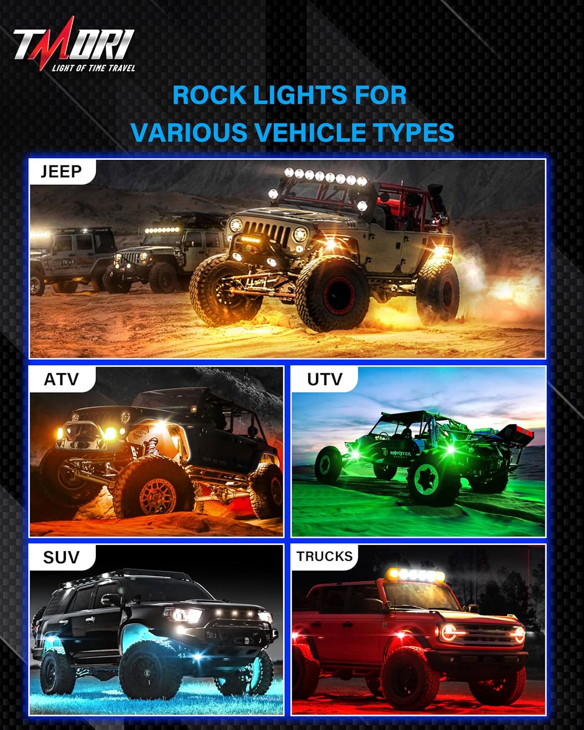 Rock Lights for Trucks: 4 Pod RGBW Underglow Light for Trucks with App Control Featuring Flashing Music Sync Mode All Aluminum Housing IP68 Waterproof Rock Lights for ATV UTV SUV RZR Truck Accessories