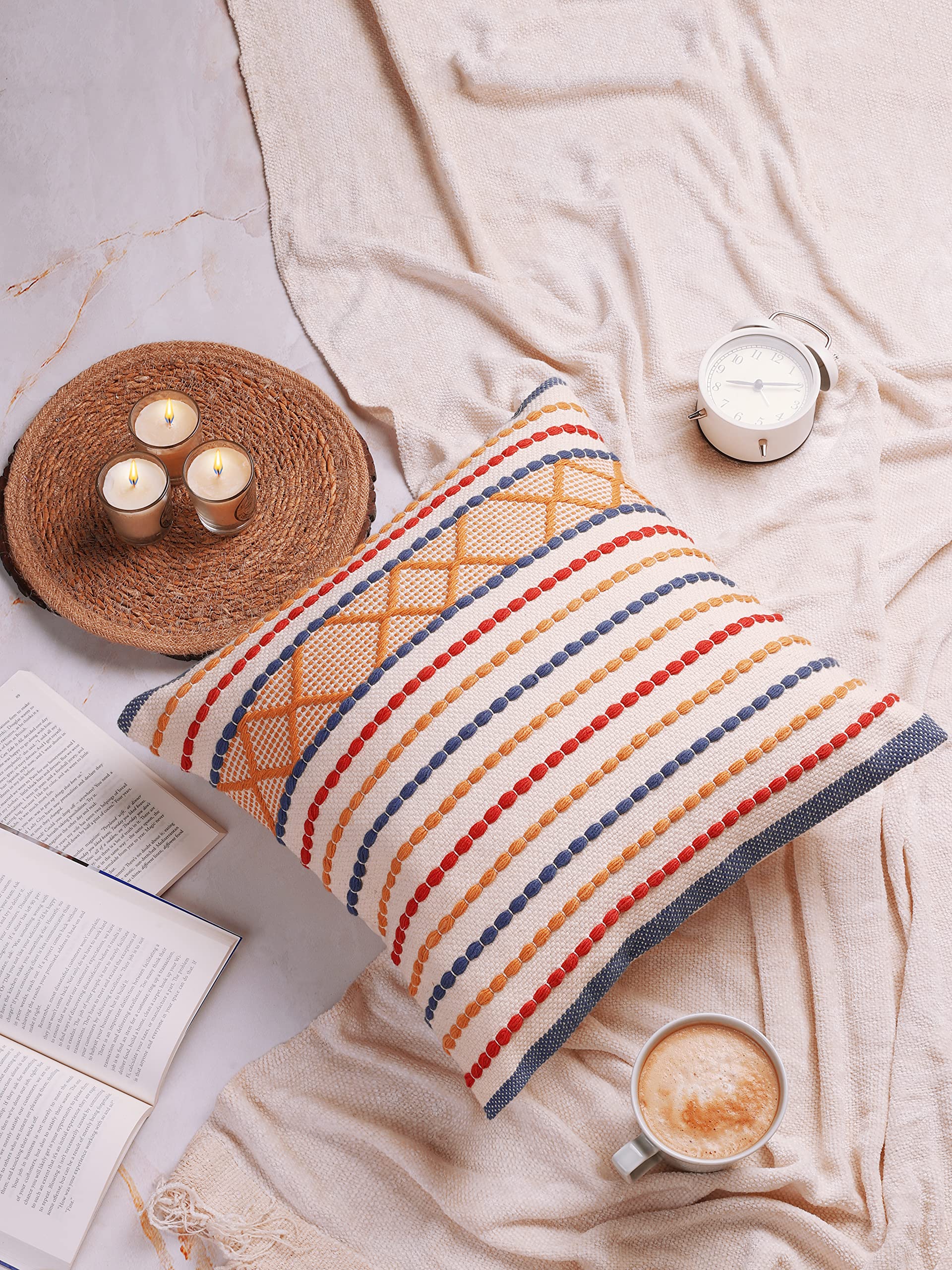 SPUN by Welspun 100% Cotton Cushion Covers Handcrafted Handwoven Handloom (Abstract 31CMX46CM)-Orange