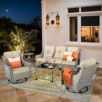 Outdoor 5 Pieces Coversation Set with Swivel Rocking Chair, Patio Furniture High Back Couch with Glowing Coffee Table, Rattan Wicker 3-Seater Sofa for Porch Balcony Backyard,Beige
