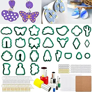 PTFJZ Polymer Clay Cutters for Earring Making - 193pcs Clay Tools Set with Earrings Accessories, 25+8pcs Different Shape Plastic Clay Molds Clay Cutters for Polymer Clay Jewelry (Style A-Green)