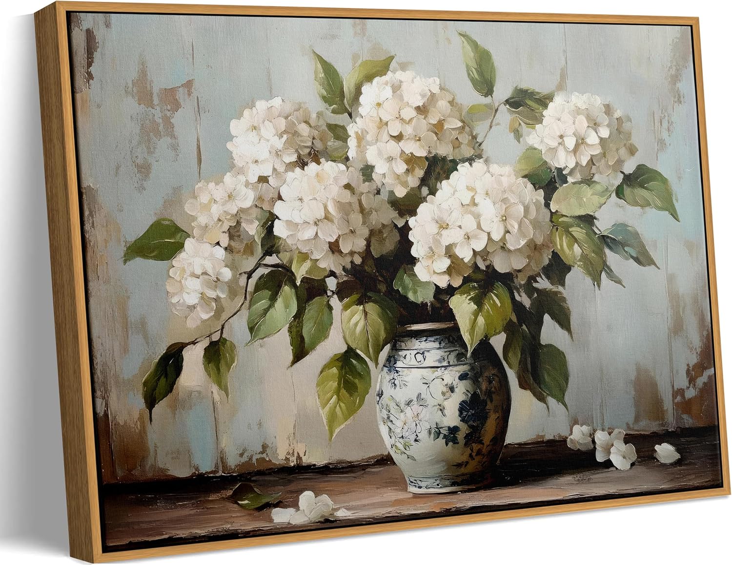 Framed Vintage Hydrangea Wall Art Rustic White Hydrangea Still Life Flower Canvas Painting Prints Farmhouse Flower Pictuer Vintage Country Wall Decor for Bathroom Living Room Bedroom 16x24 Inch