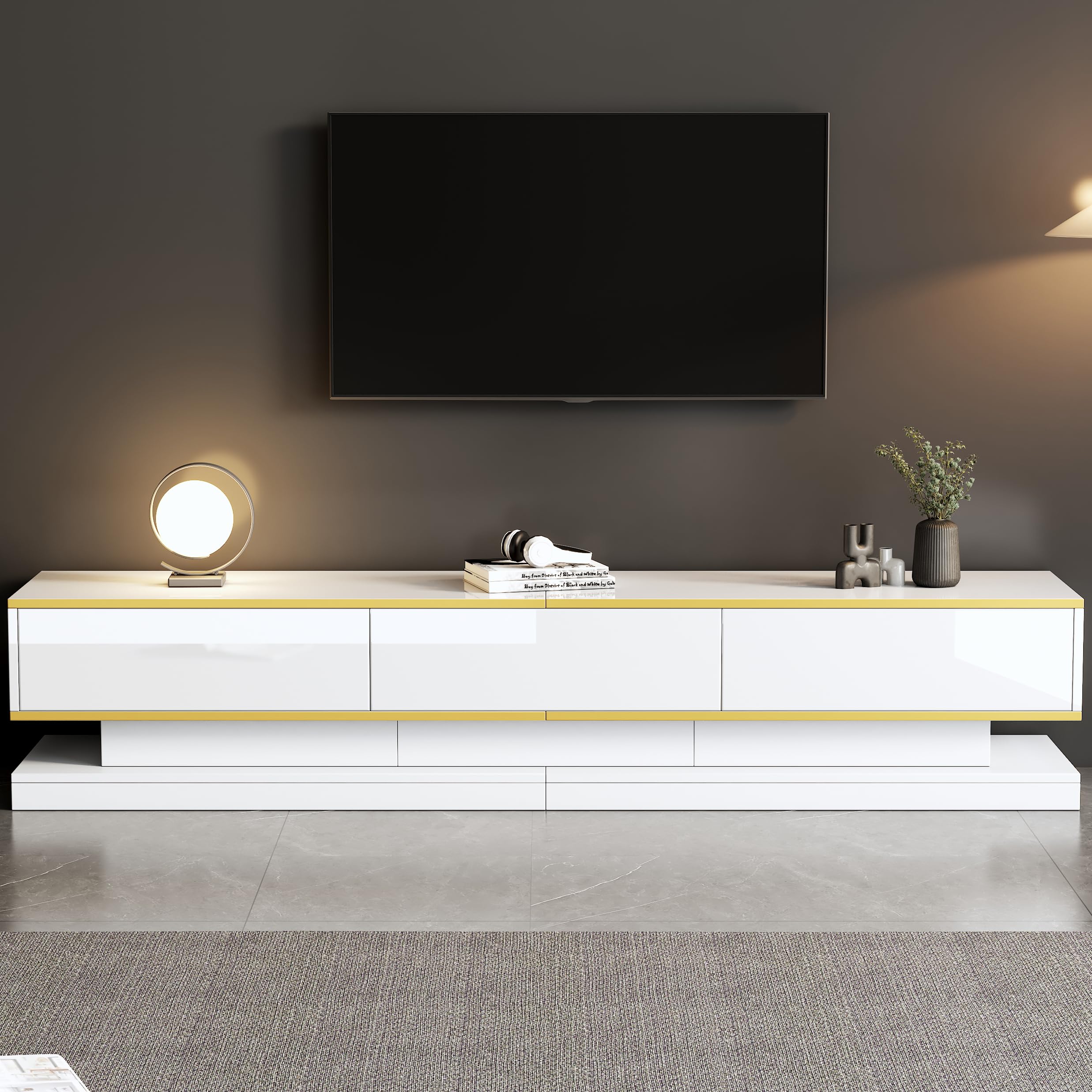 TV Schrank, TV Lowboard mit 3 Schubladen, Warmweiße Hochglanzoptik, Robustes und Langlebiges Material, Fernsehschrank, 200 x 40 x 40 cm, Weiß
