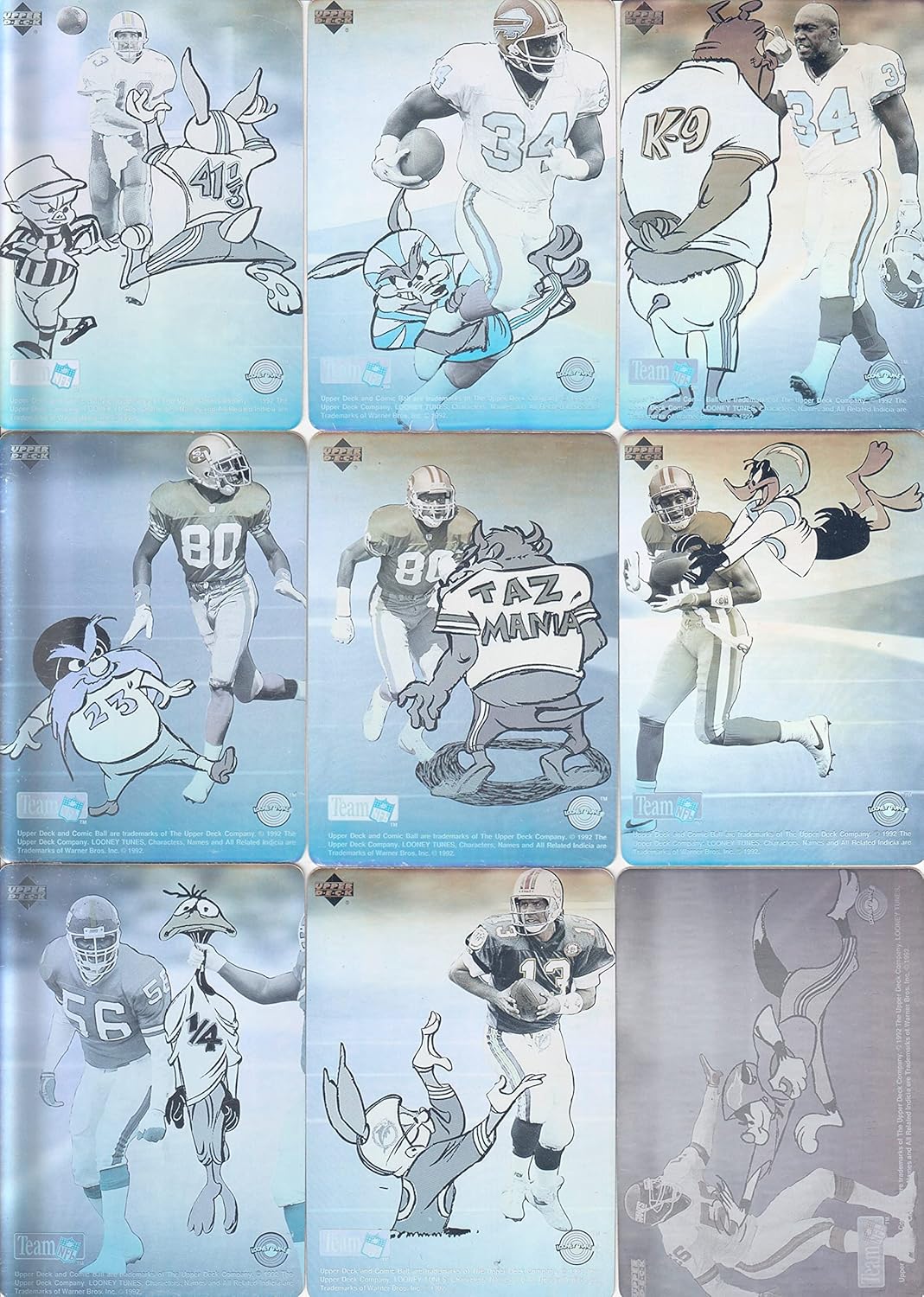 COMIC BALL SERIES 4 LOONEY TUNES 1993 UPPER DECK COMPLETE HOLOGRAM INSERT CARD SET OF 9 FOOTBALL