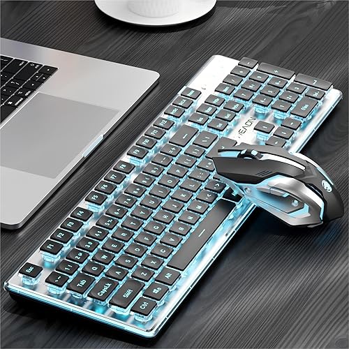 EWEADN V3 - Teclado y mouse inalámbricos con retroiluminación azul, panel de metal, Bluetooth2.4G recargable teclado y mouse de computadora