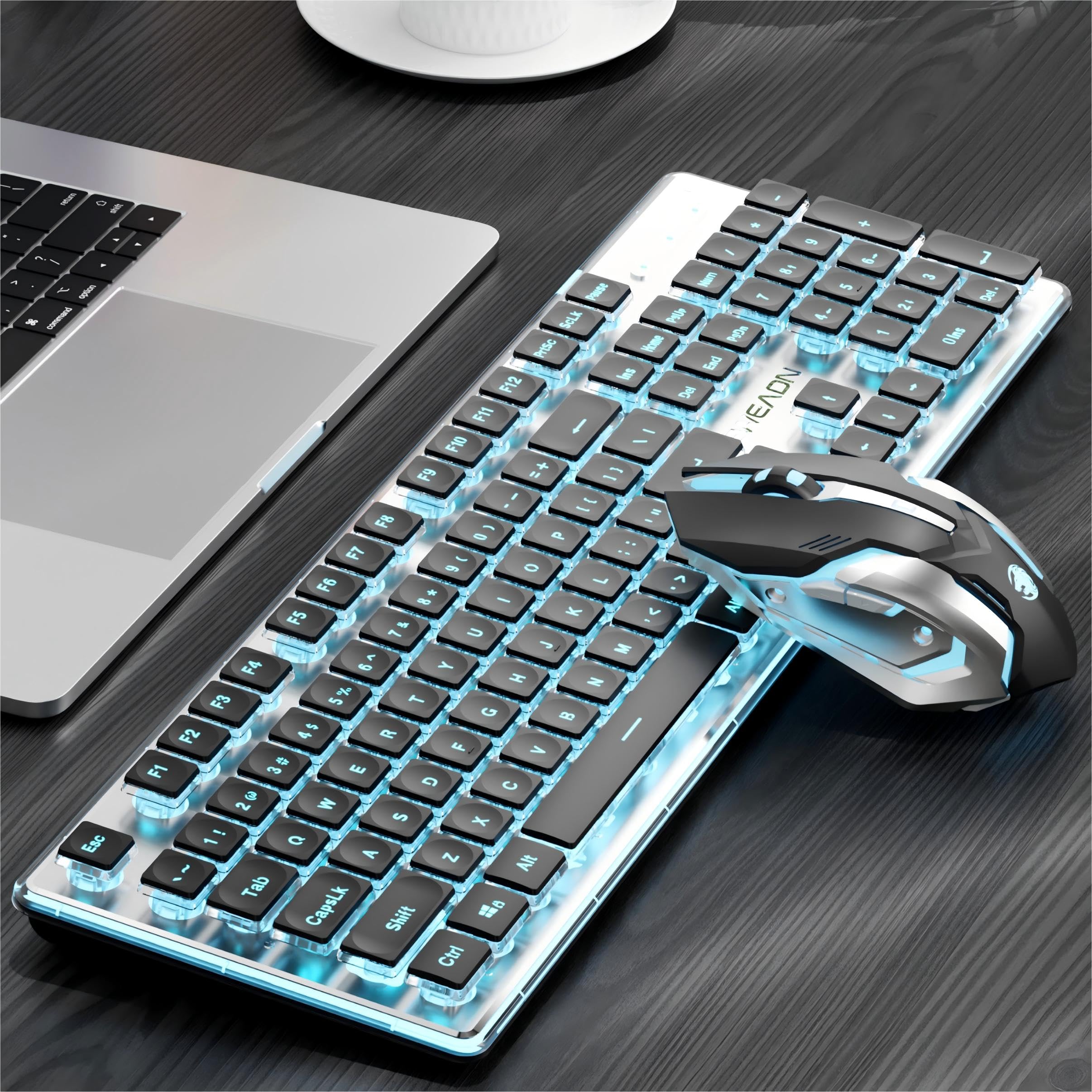 EWEADN V3 Wireless Keyboard and Mouse with Blue Backlit Metal Panel Bluetooth 2 4G Rechargeable Computer Keyboard and