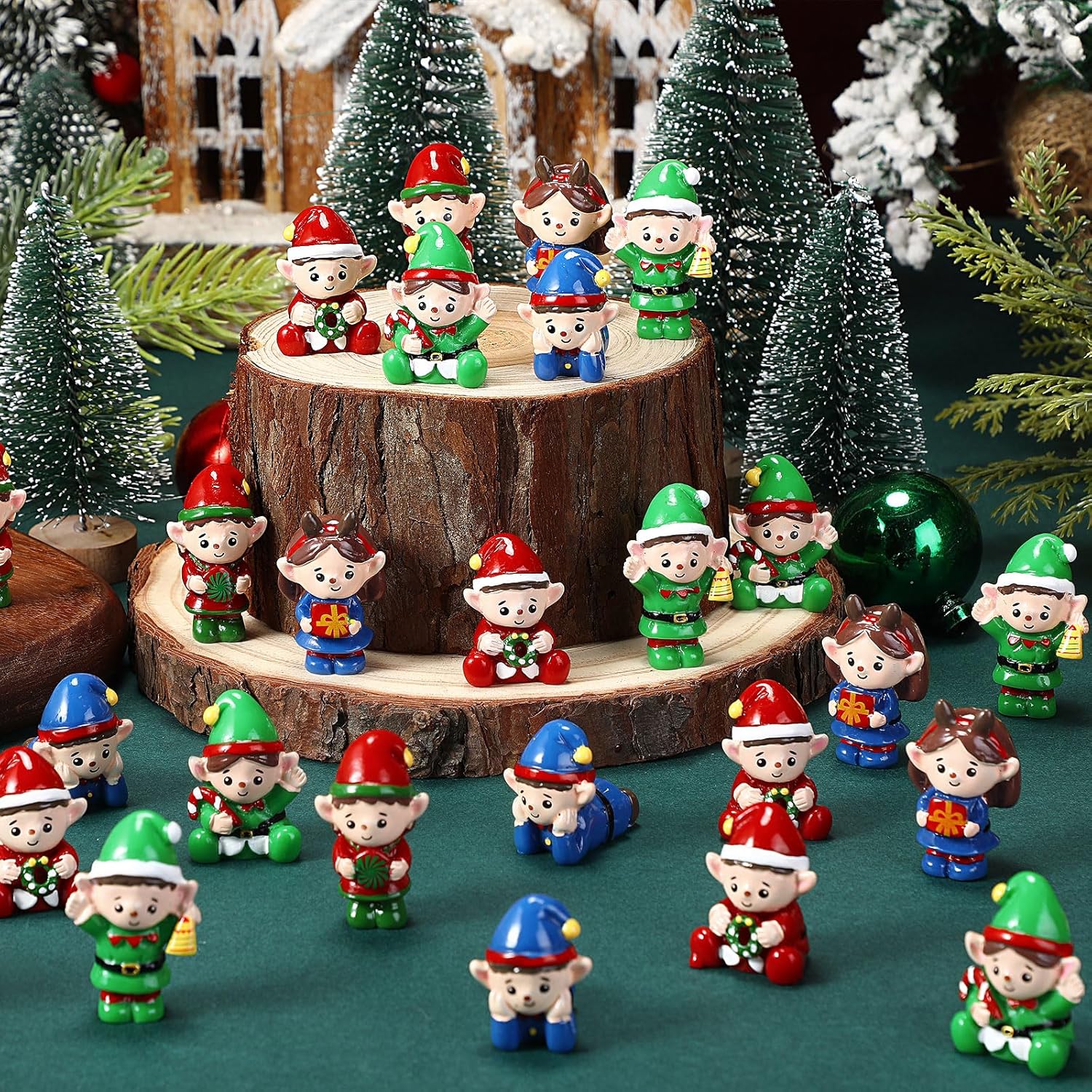 Wesiti 80 Pcs Mini Resin Christmas Elf Figurines Miniature Cute Christmas Elves Statues Bulk Tiny Resin Xmas Ornament to Hide Stocking Stuffer Gift for Kids DIY Craft Table Garden Holiday Party Decor