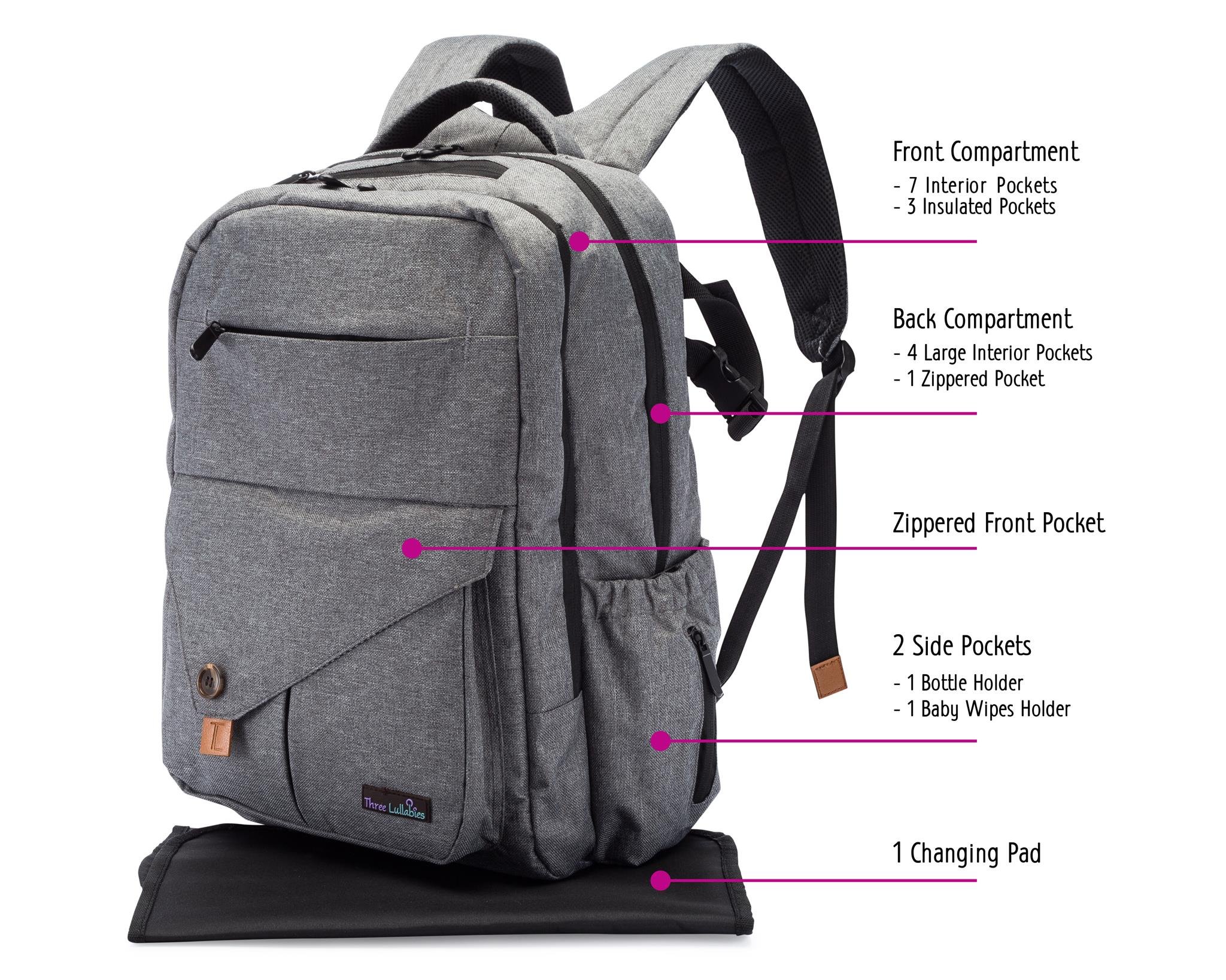 Three Lullabies Diaper Bag Backpack - Multi-Function Waterproof Baby Nappy Bag - Stroller Straps - Large Capacity - Insulated Bottle Pockets - Changing Pad, Durable and Stylish, Grey