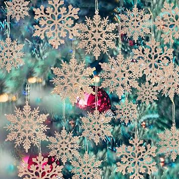 36 Pack Plastic Champagne Gold Snowflake Ornaments Christmas Winter Decorations, Hanging Snowflake Decorations for Winter Wonderland Christmas Tree