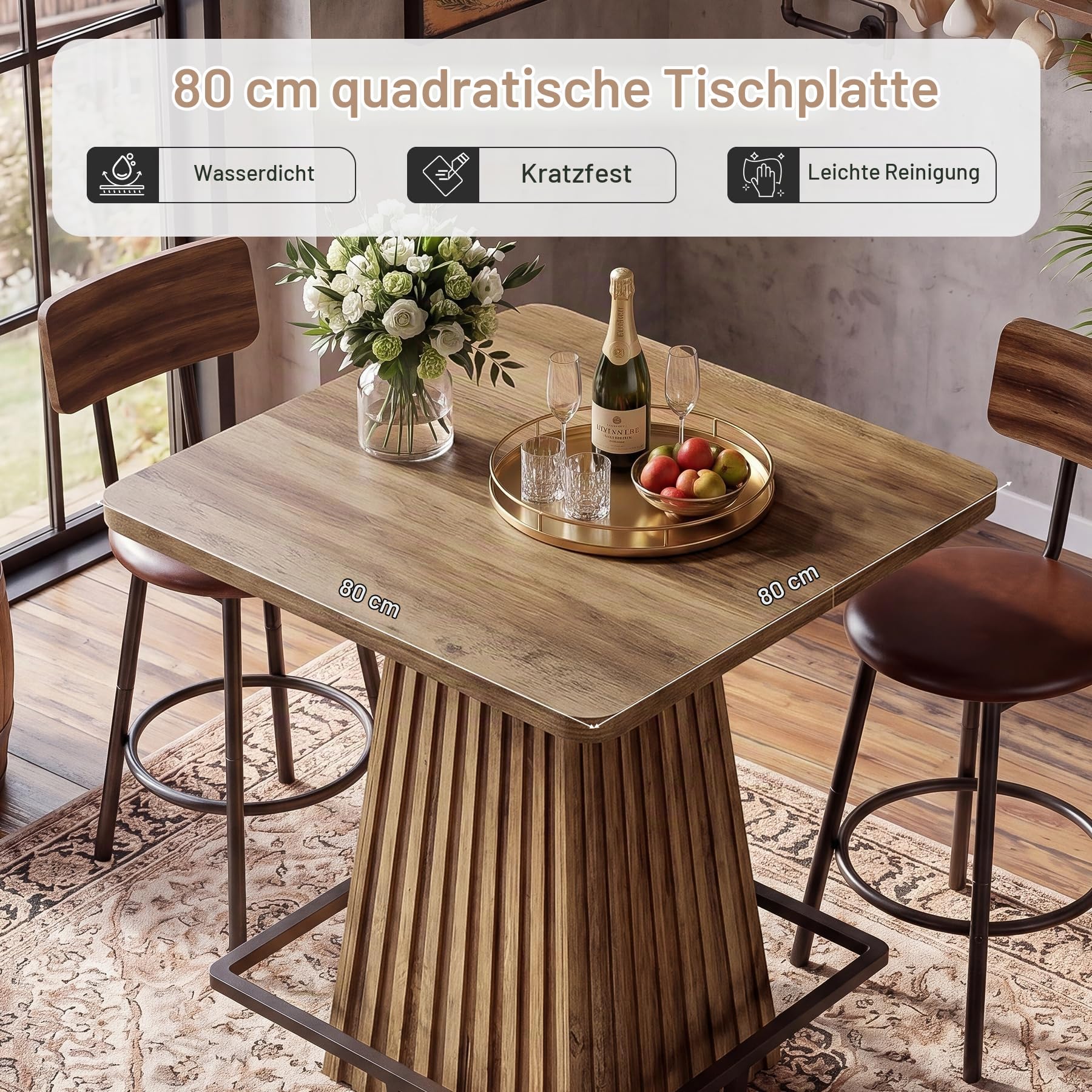Tribesigns Bartisch, 80 x 80 x 95 cm, Quadratisch Hochtisch mit Metall-Fußstütze, Rustikales Braun Esstisch, Kneipentisch für Zuhause, Küche, Esszimmer, Bistro
