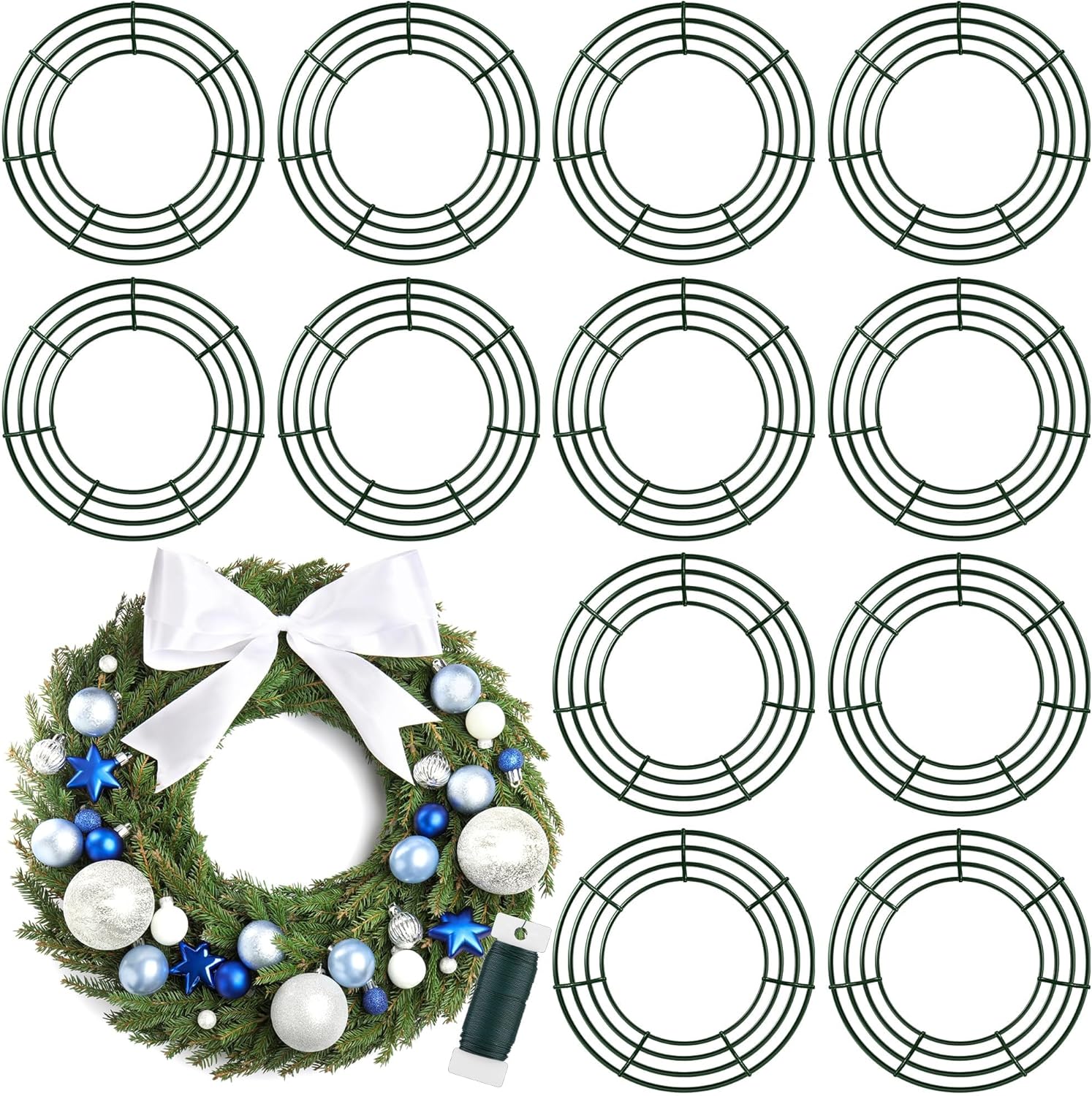 Fovths 24 Pack Christmas Wire Wreath Ring 16 Inches Metal Wire Wreath Frame with Floral Wires Green DIY Floral Crafts for Xmas Halloween New Year Holiday Valentines Day Decor