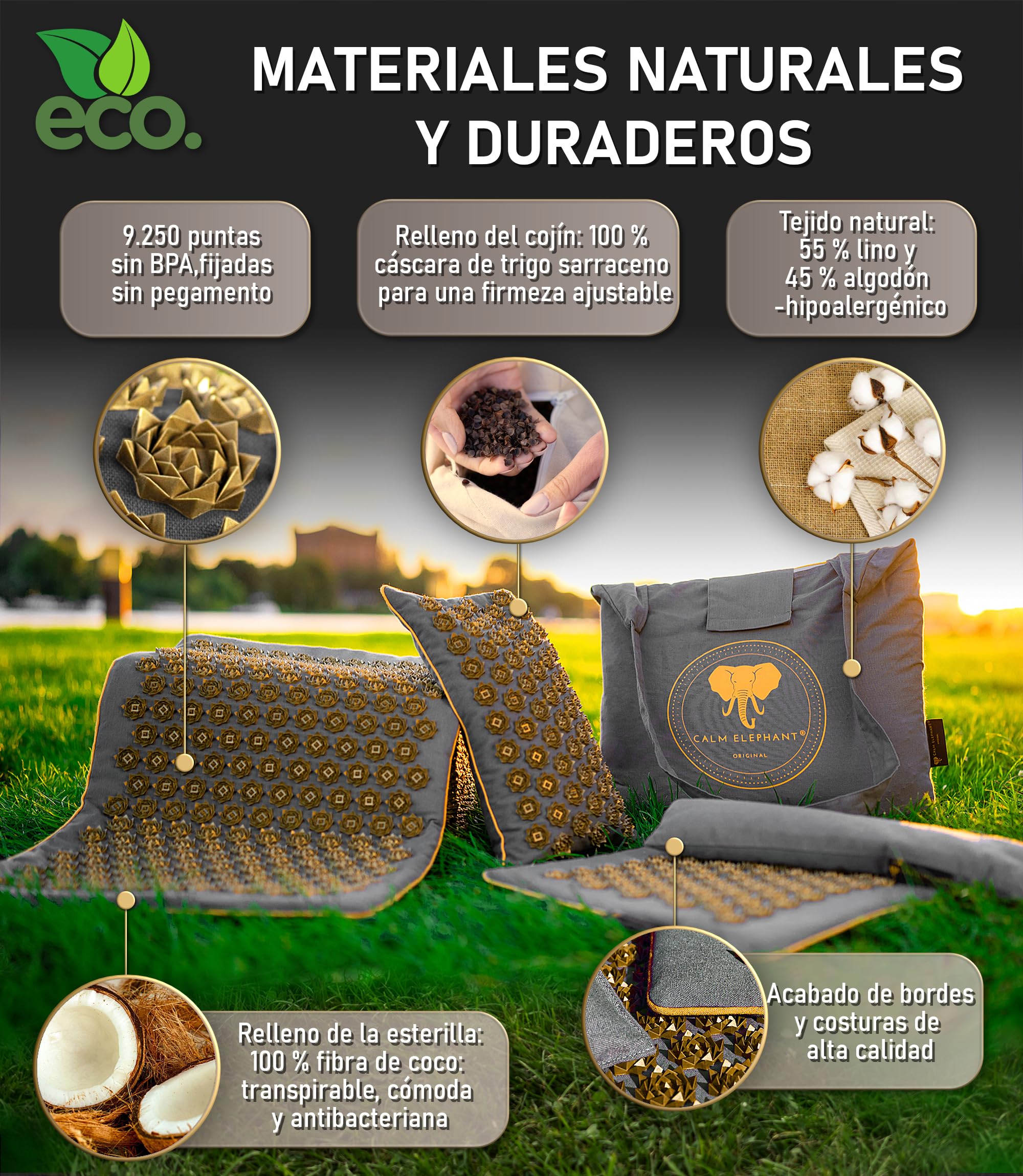 CALM ELEPHANT ORIGINAL Esterilla de Acupresión con Cojín XXL Set Genuine 5 Piezas, Masaje Espalda, Libera Tensiones, Cojín con Calor, Cojín Lumbar, Esterilla Pies y Bolsa - Gris