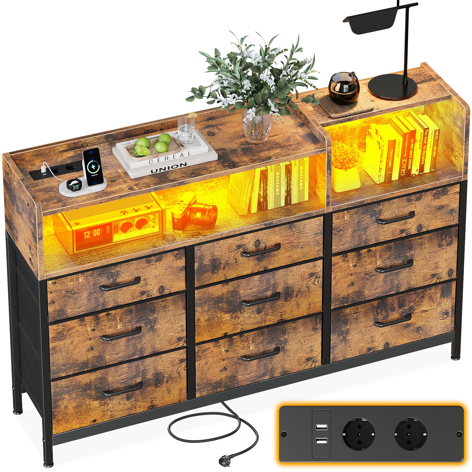 ODK Kommode mit Schubladen, Komodenschrank mit 2 Steckdosen, 2 USB und 10 Farbigen LED-Streifen, Kommode mit Regal Arbeitsplatte mit 9 Stoff Schubladen für Schlafzimmer Wohnzimmer, 130 * 30 * 97cm