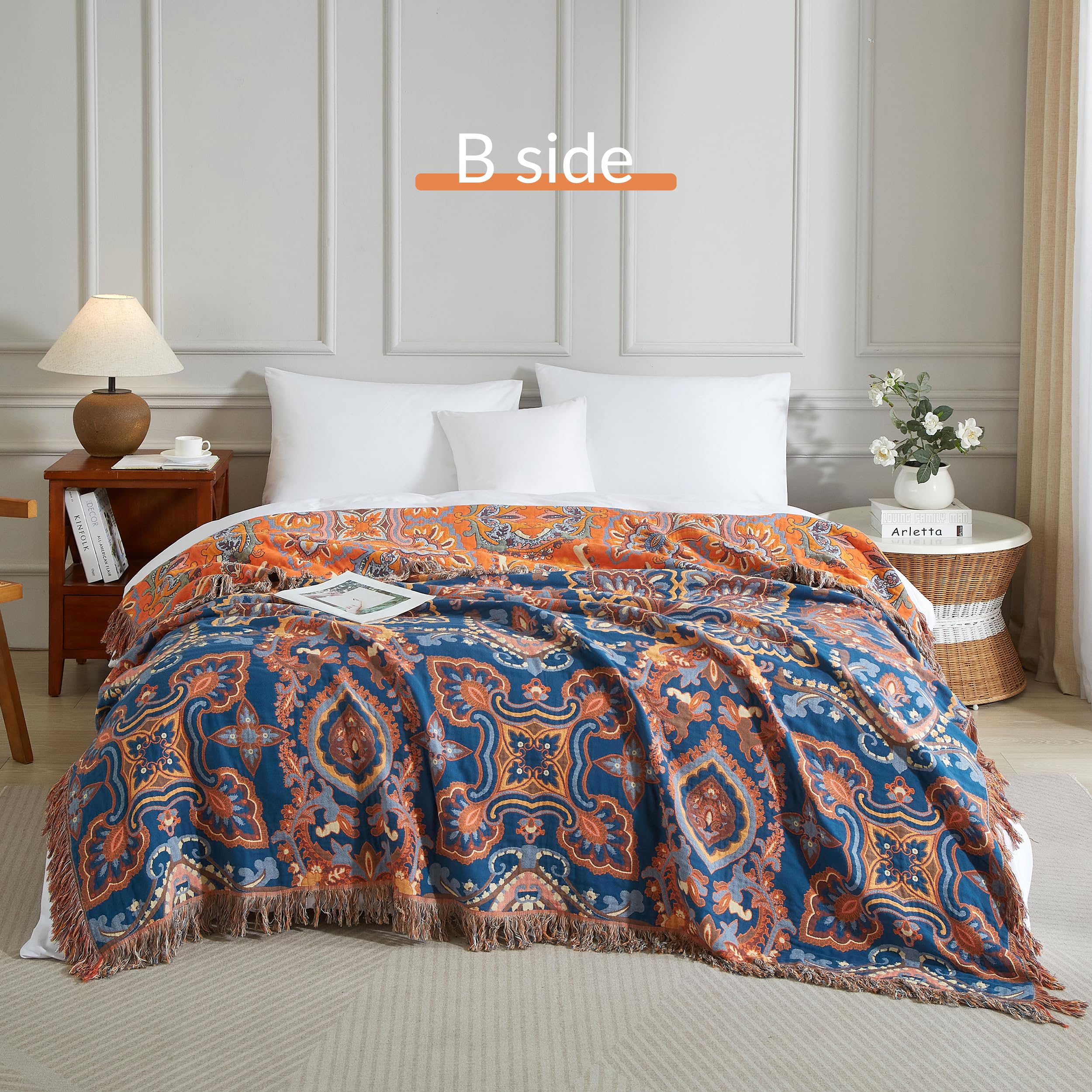 SE SOFTEXLY Manta Boho, 100 % algodón, muselina de doble cara, manta boho, 230 x 250 cm, manta de patchwork para sofá y colcha, ideal para sala de estar y dormitorio, naranja y verde
