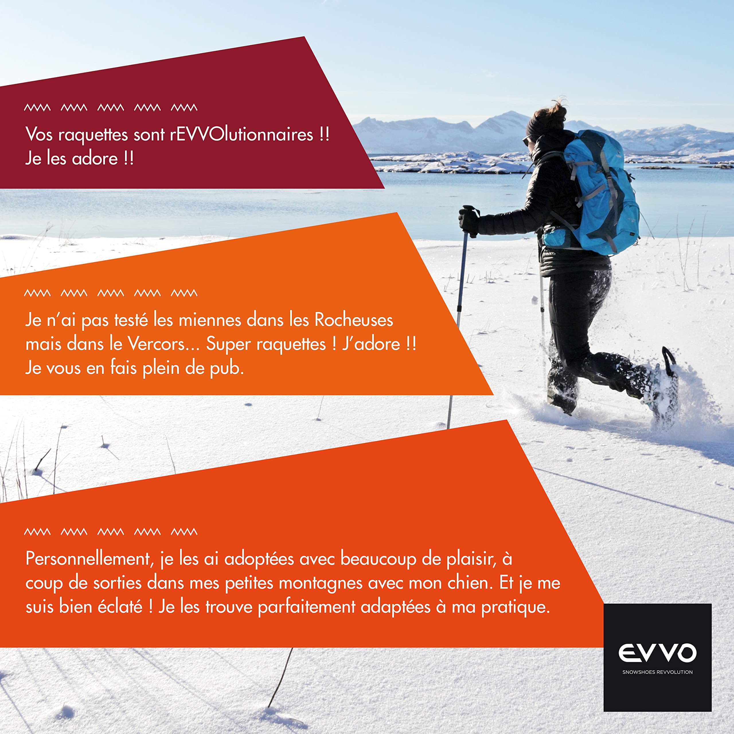EVVO - Originale - Raquette à Neige Made in France avec Semelles Cloutées Michelin®, Fixations Réglables, pour Homme et Femme avec Sac de Transport Inclus, Tout Terrain, Randonnée Neige