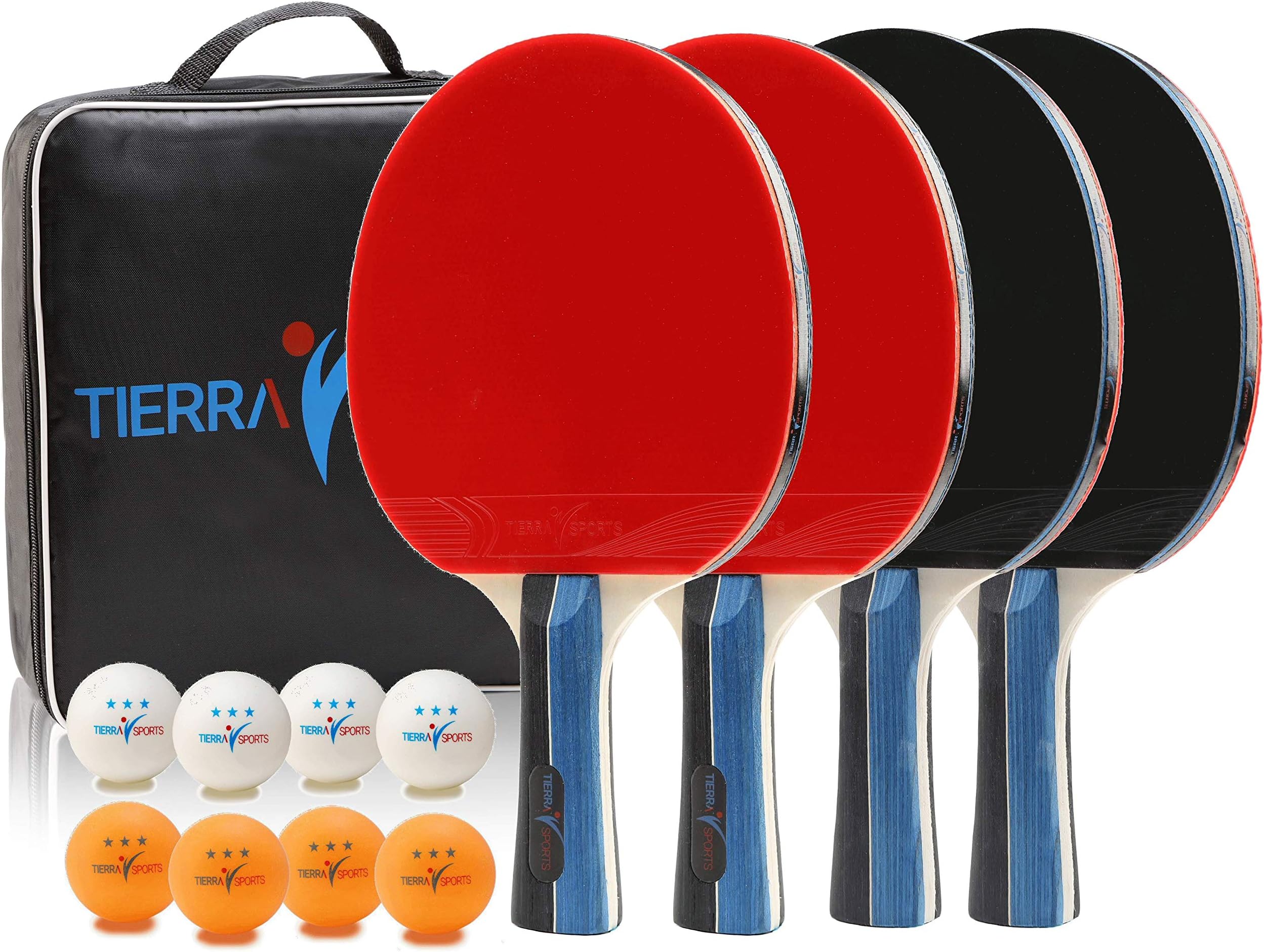 Ping Pong Paddles Set of 4 by Tierra Sports - Table Tennis Players Kit Includes Premium 7 Ply Wood Rackets 8 ITTF Regulation Balls and Portable Travel Organizer Carrying Bag For Storage - Pro Quality