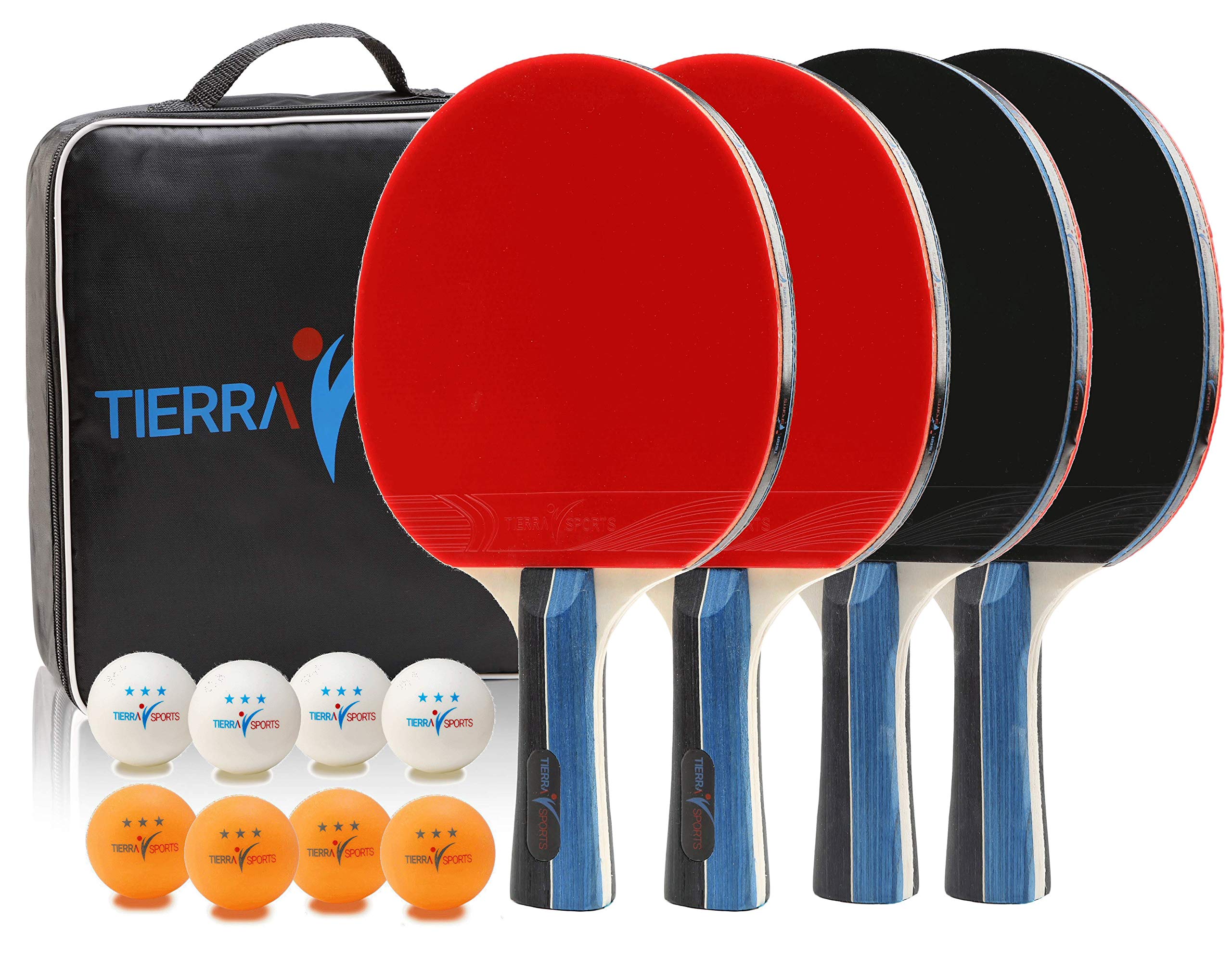 Ping Pong Paddles Set of 4 by Tierra Sports - Table Tennis Players Kit Includes Premium 7 Ply Wood Rackets 8 ITTF Regulation Balls and Portable Travel Organizer Carrying Bag For Storage - Pro Quality