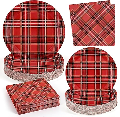 Homlouue 200 platos y servilletas de papel a cuadros de búfalo, platos a cuadros rojos y negros desechables para 50 invitados, platos de guinga para