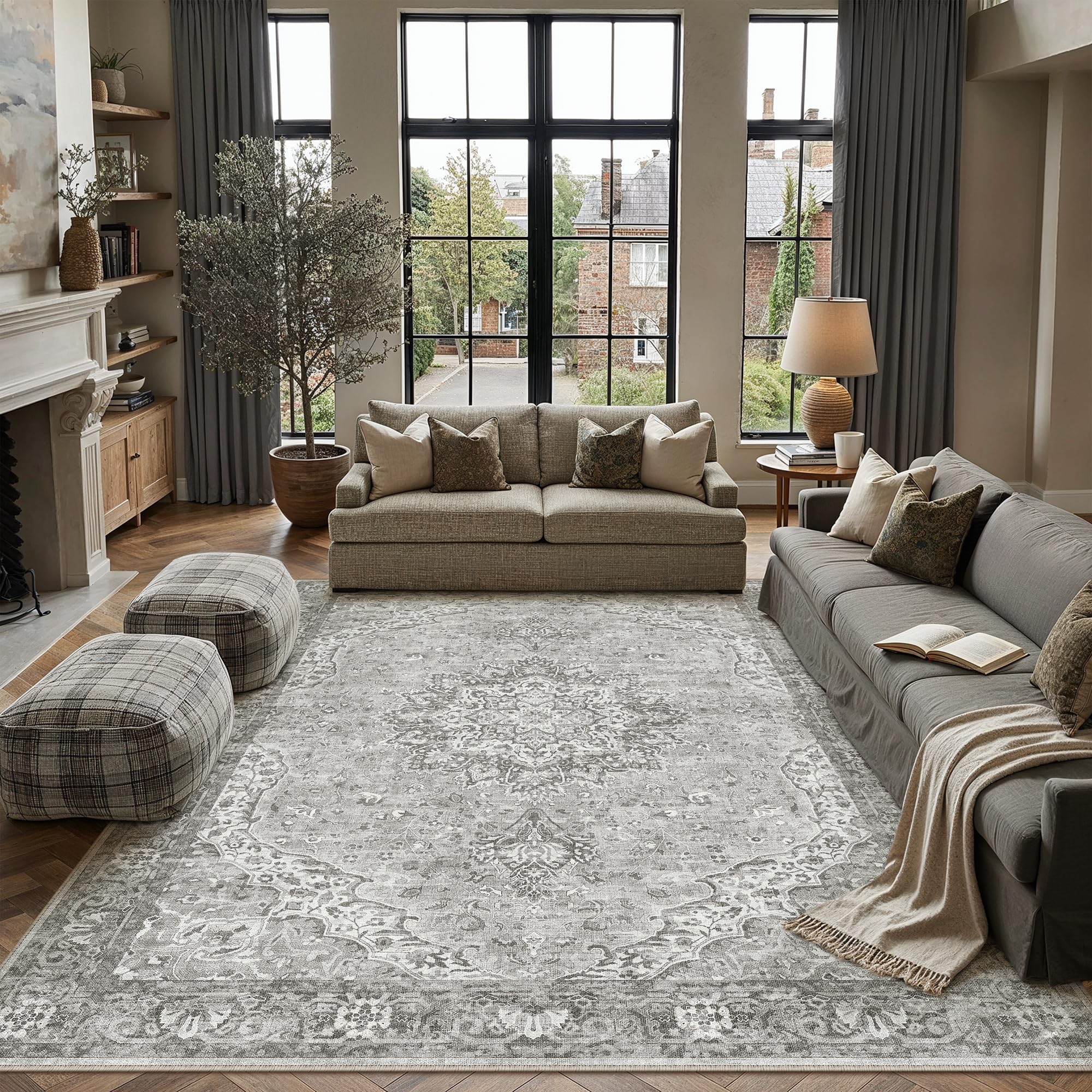 PureCozy Vintage Grau Teppich Wohnzimmer Waschbarer 200x300cm Teppiche | Groß Wohnzimmerteppich,Rutschfest Rug,Groß Weich Carpet,Schlafzimmer Esszimmer Büro Carpets,Kurzflor Tepich
