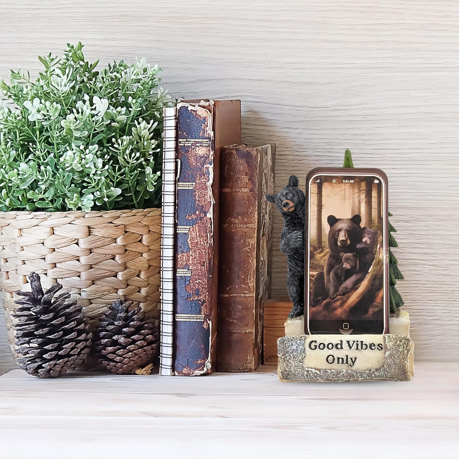 Rustic Black Bear Phone Holder with Pine Trees – Resin Figurine Cellphone Stand for Desk, Nightstand, or Office - Woodland Lodge Cabin Accessory - Whimsical Gift for Nature, Wildlife & Forest Lovers