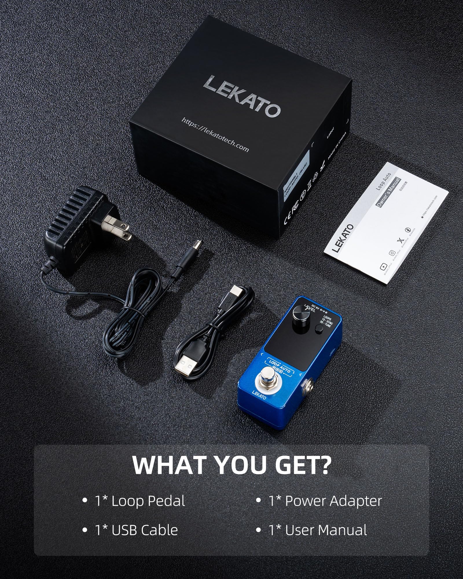 LEKATO Pedal Looper de guitarra, con adaptador de fuente de alimentación de 9 V 0,6 A, pedal de bucle de efecto con función de sincronización y afinador, pedal Looper para guitarra eléctrica, 3 bucles