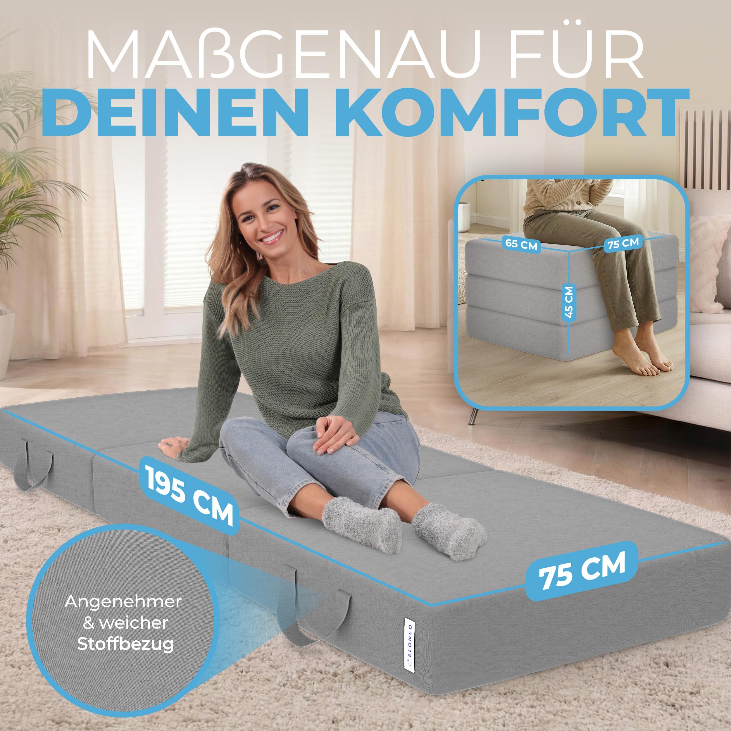ELONEO Klappmatratze, Gästematratze, 3-teilige Faltmatratze, Schaumstoff extra dick (15cm), waschbar, Bandscheibenwürfel, klappbar, Faltbare Matratze, Erwachsene (Grau, 75 x 195 x 15 cm)