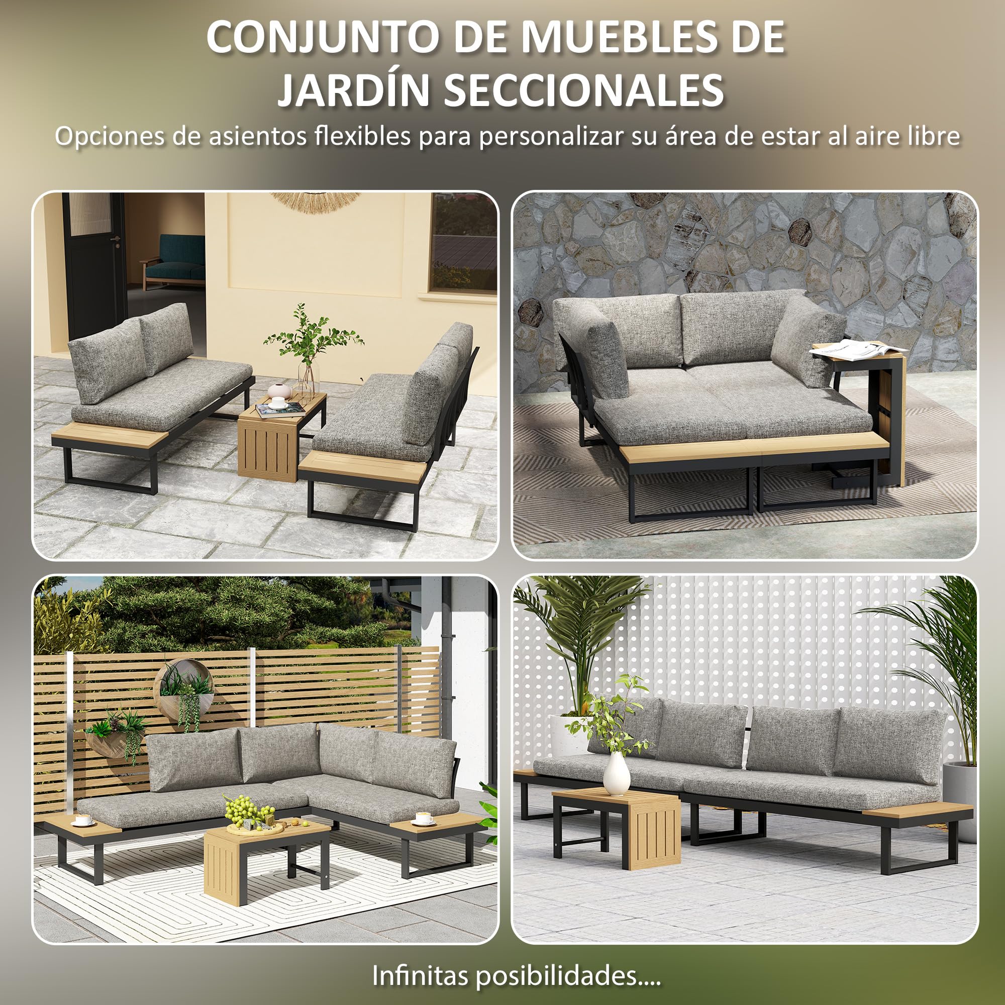 Outsunny Conjunto de Jardín Exterior de 3 Piezas Gris Claro | Sofá Exterior Seccional Resistente con Estructura de Aluminio, 2 Sofás de 2 Plazas, Mesa de Centro Versátil, Cojines