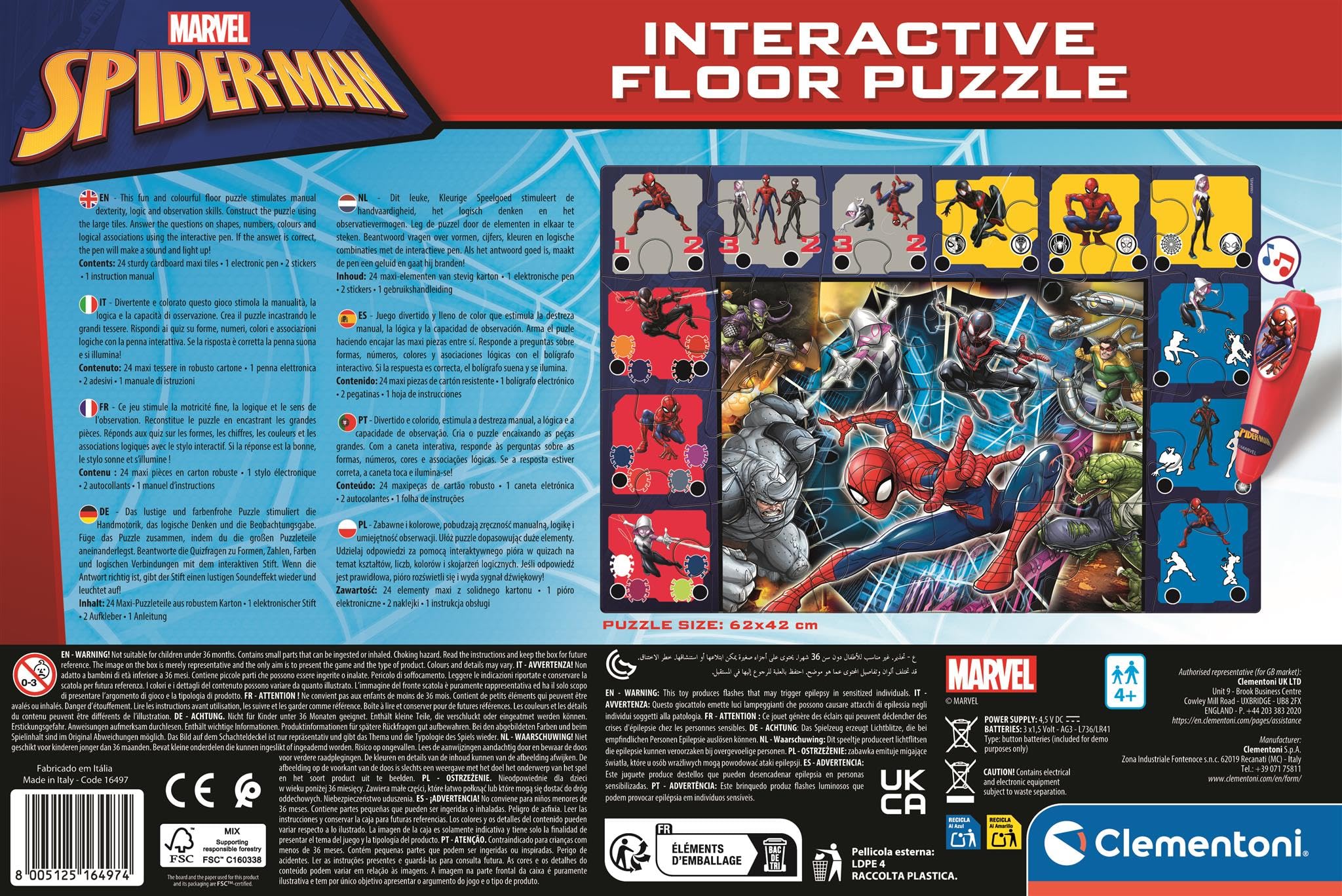 Clementoni Interactive Floor Puzzle - Spiderman With Electronic Pen, 24-Piece Educational Puzzle Mat for Kids Age 3+ - Image 2
