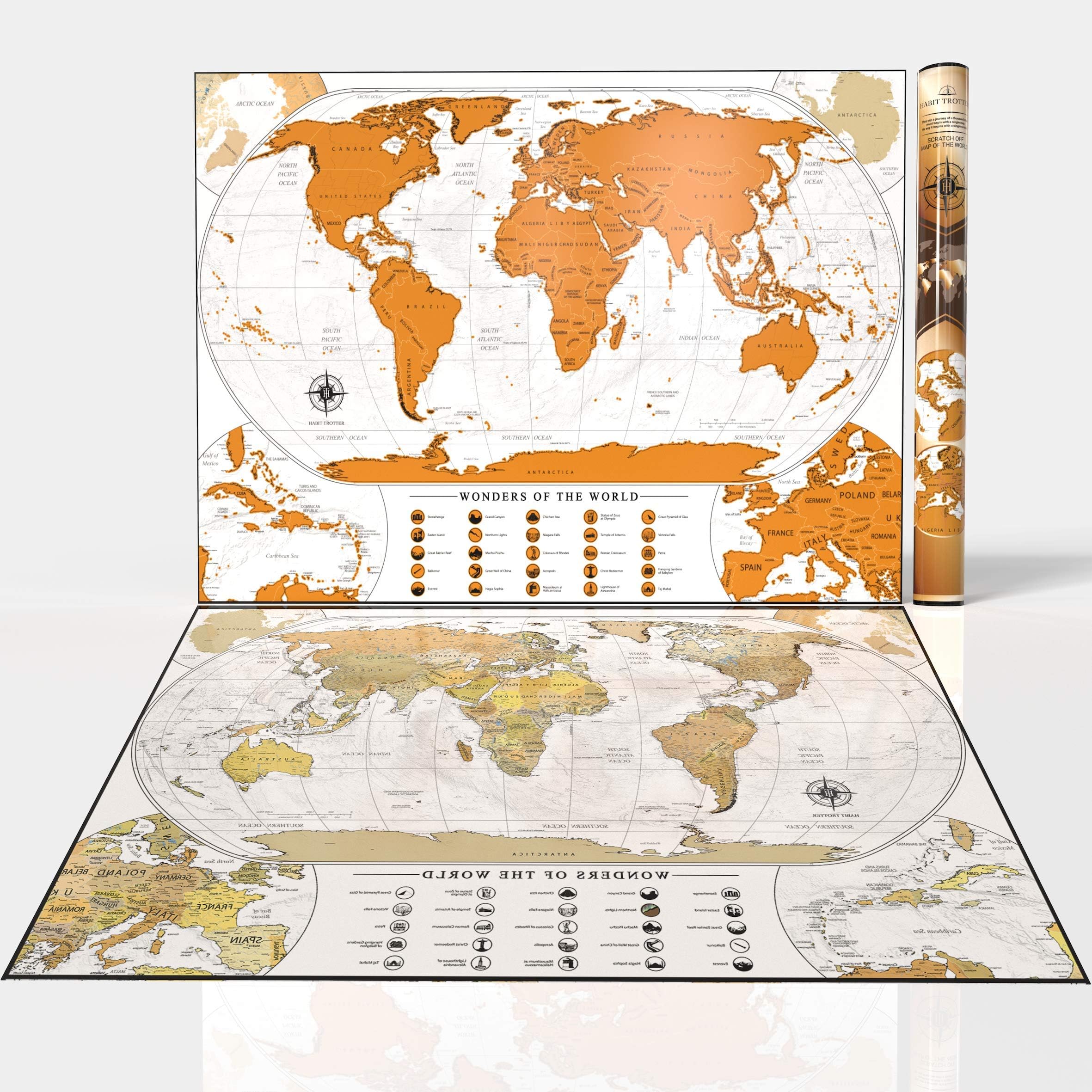 Habit Trotter Scratch Off Map of The World with Outlined US States White Detailed Personalized Wall Map Poster | Deluxe Gift for Traveler- Free Digital E- Postcards and E-Book of Best Travel