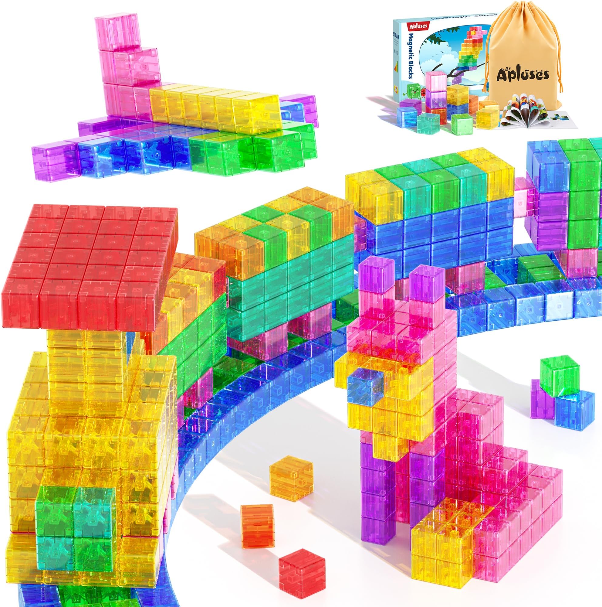Apluses 45PCS Magnetic Blocks - Transparent Magnet Cubes, Toddler Building Blocks, Sensory Autism Gifts for Kids Ages 3+, Preschool Travel Toys for 3-5 Year Old Boys and Girls