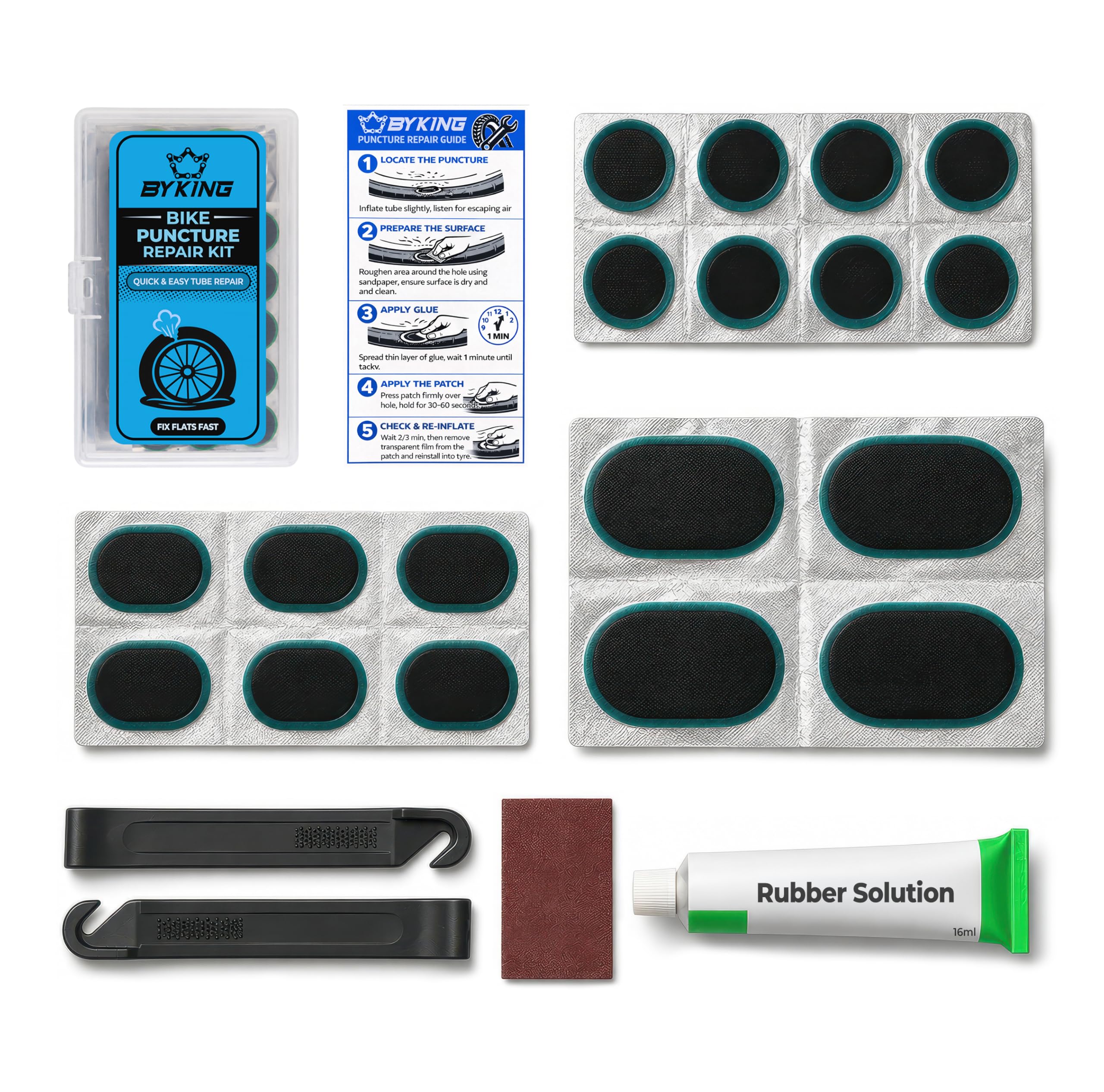 Byking Puncture Repair Kit for Bicycle Tyre Inner Tubes, Bike Repair Kit with Patches, Levers, Sandpaper and Guide. Bike Puncture Repair Kit for Road, MTB, Gravel tire.