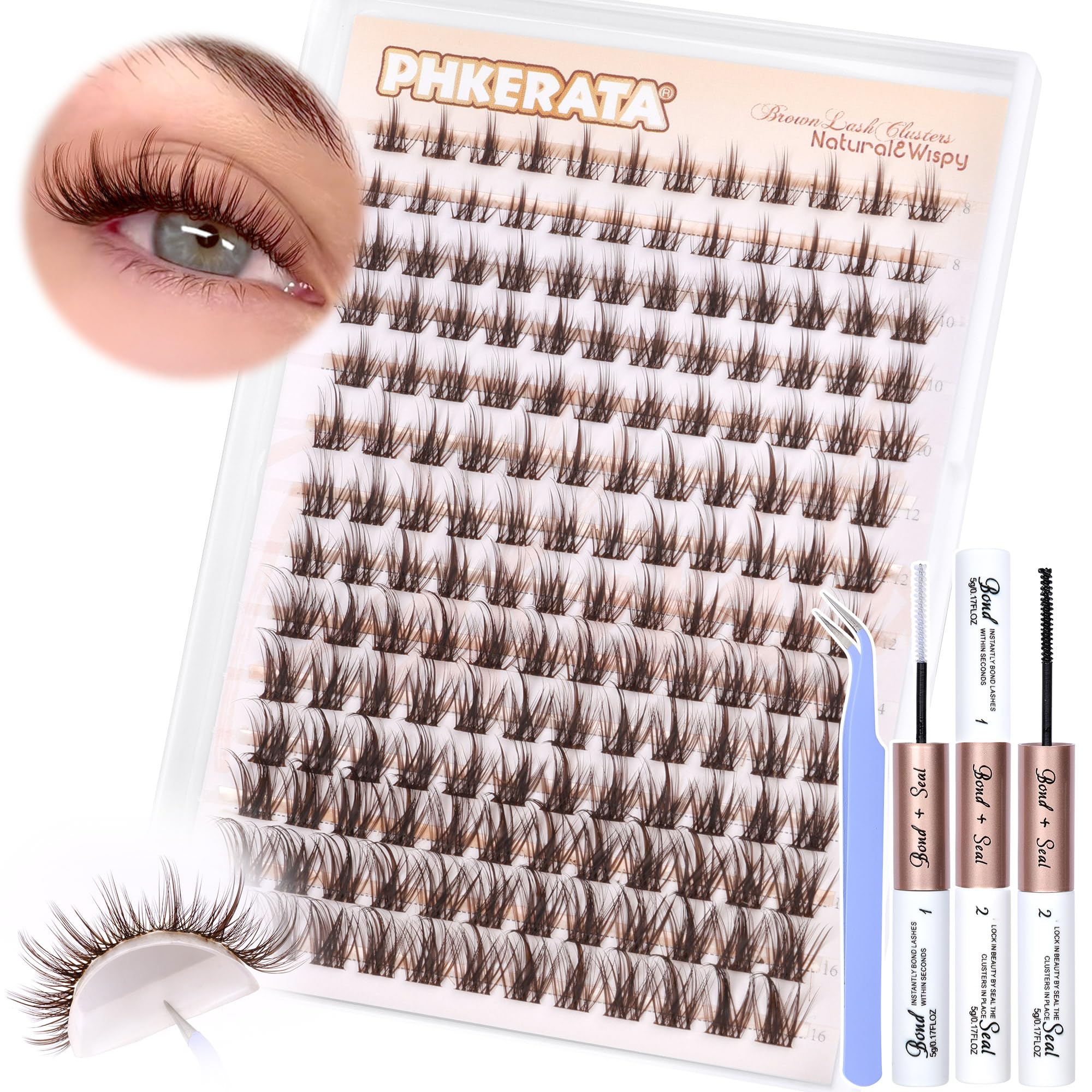 Brown Cluster Lashes Kit Manga Individual Eyelashes Wispy C Curl Lash Extension Kit Eyelash Extension Kit Brown Lashes Individual Cluster with Lash Glue Bond and Seal and Lash Tweezers