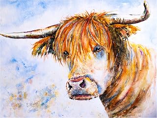 HIGHLAND COW ORIGINAL ART PAINTING A MODERN ORIGINAL WILDLIFE PAINTING OF A HIGHLAND MOO, HAND PAINTED UNIQUE WALL ART LIVING ROOM WALL DÉCOR 20"x16"