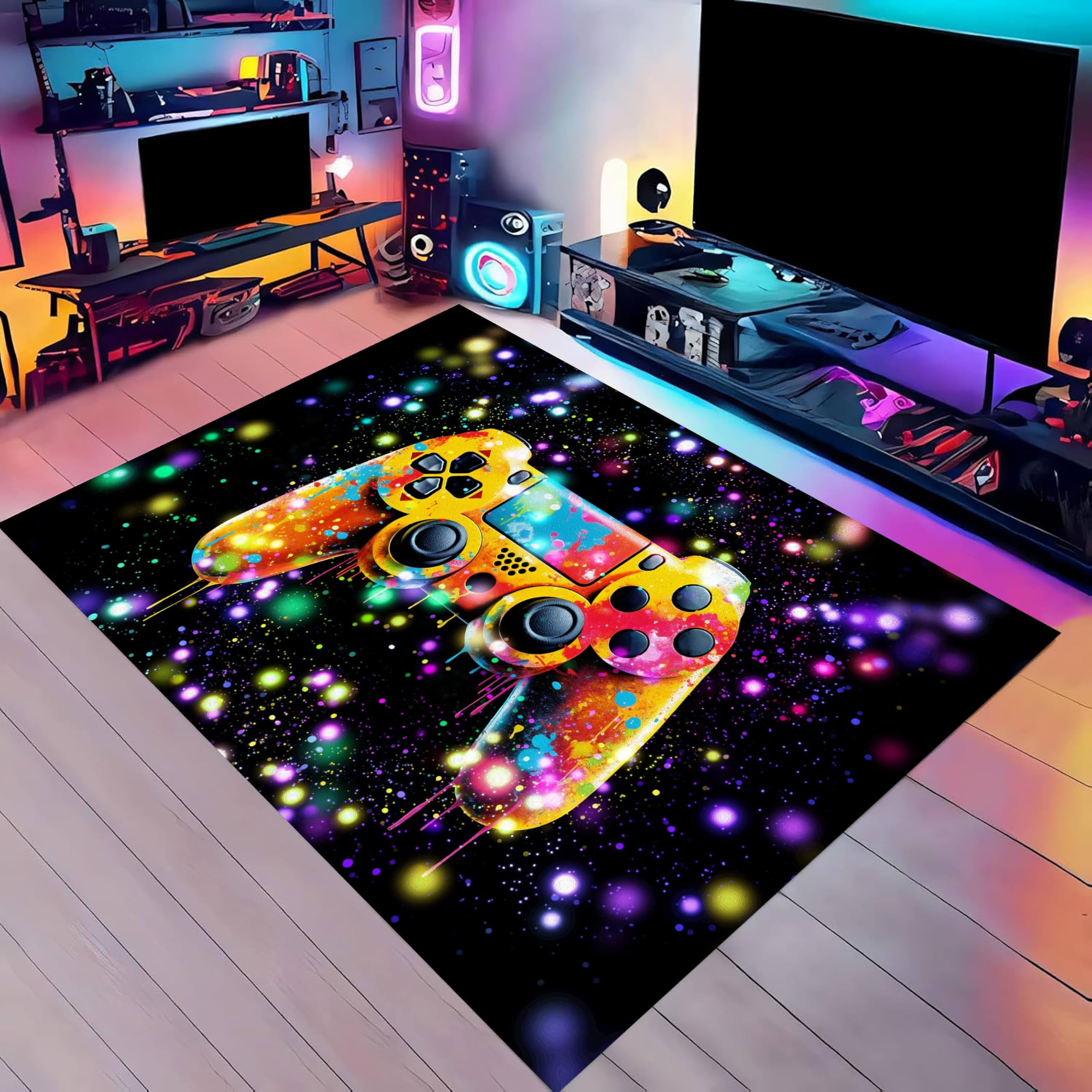 SOJAWA Gaming Area Rug, 70x140cm 3D Modern Gamer Graffiti Game Console Pattern Carpet, Cool and Colorful Youth Interior Decoration Rug for Bedroom Living Room Bedside Non-Slip Casual Mat