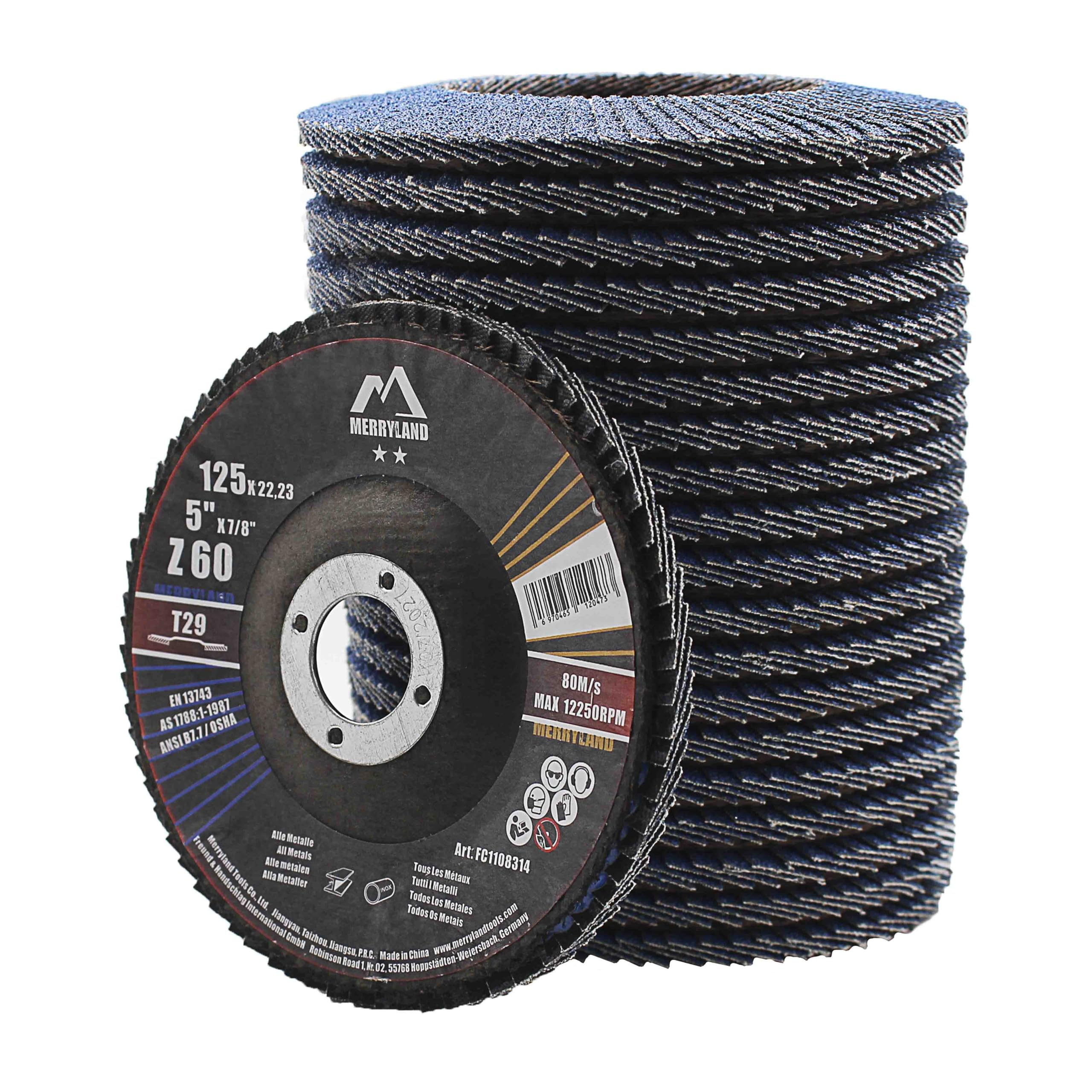 Merryland Flap Disc 5 inch Metal for Angle Grinder, 5inch 60 Grit T29 Flap Wheel 20 Pack, Blue Zirconium Corundum INOX Stainless Steel Iron Universal,