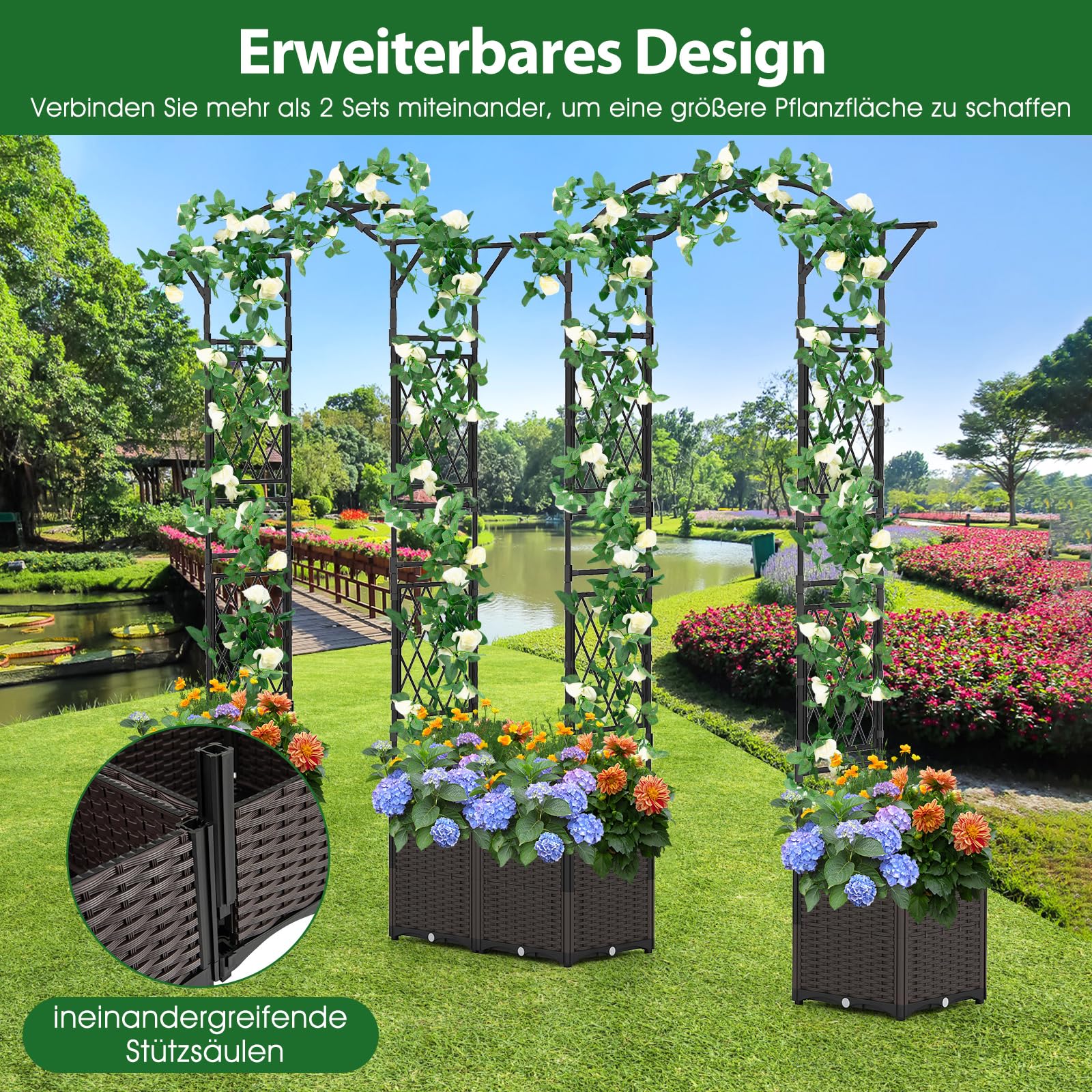 COSTWAY 2 in 1 Rosenbogen mit Blumenkasten, 250 cm, Gartenbogen aus Metall und PP, Spalier mit 2 Pflanzkästen auf Rollen & Drainagelöchern, Rankbogen Torbogen für Kletterpflanzen, Outdoor (Schwarz)