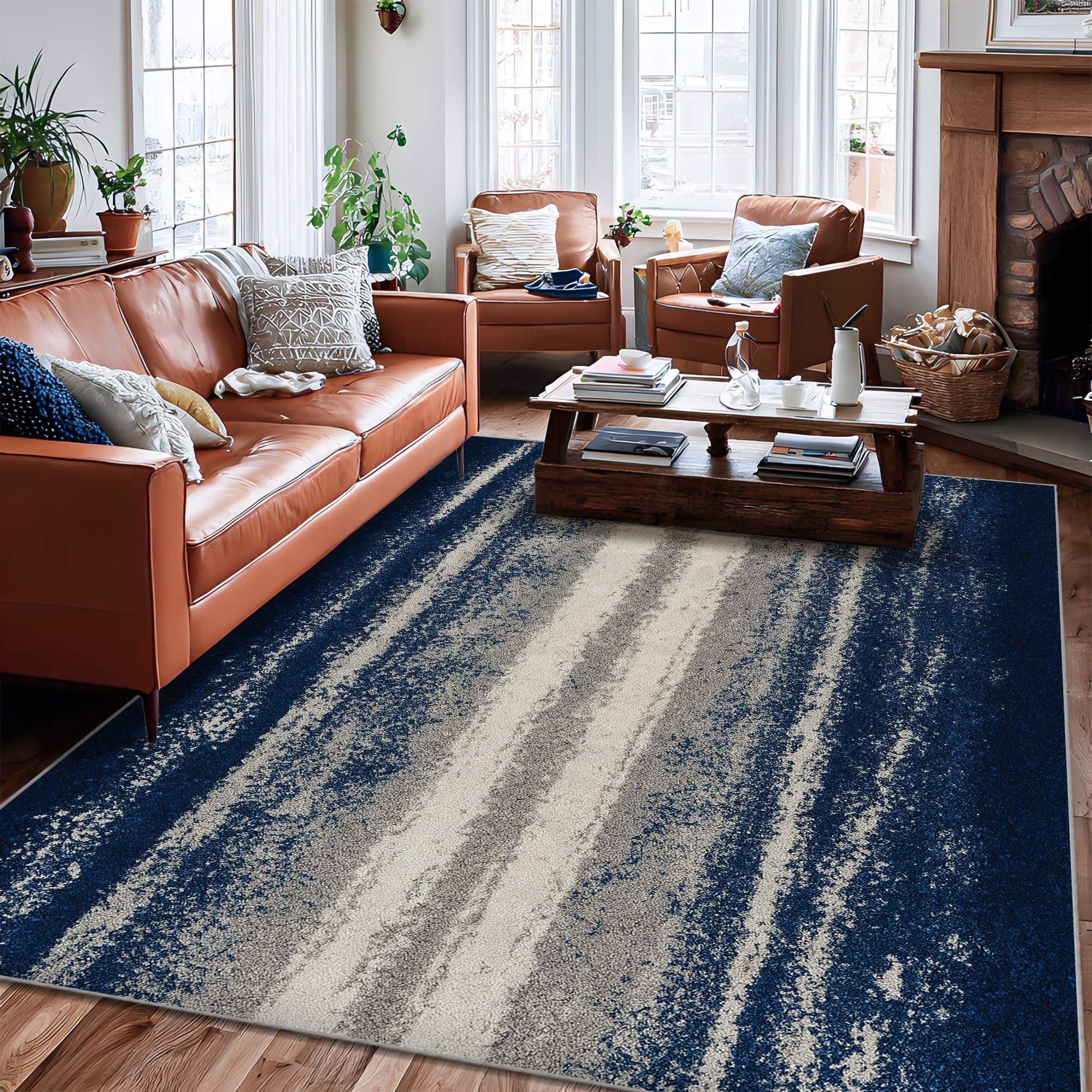 Tapis bleu marine à rayures contemporain grand format de salon