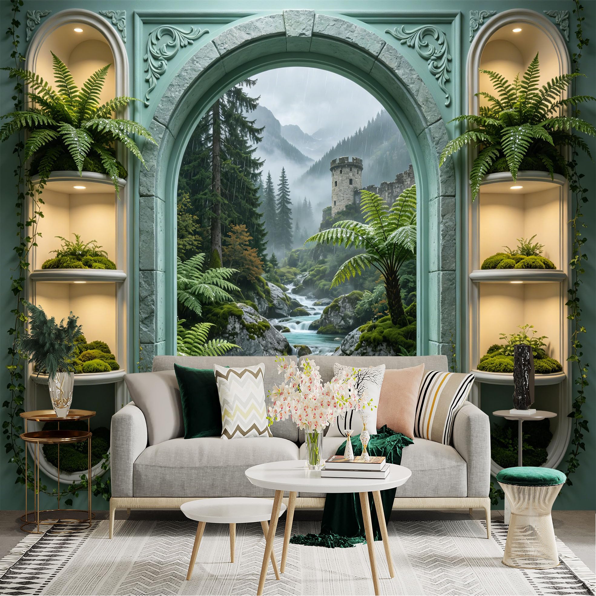 Custom Size Wall Sticker Mural， Fantasy Castle by Waterfall with Forest and Mountain View， for wall Decoration， peelandstick wall Decals.