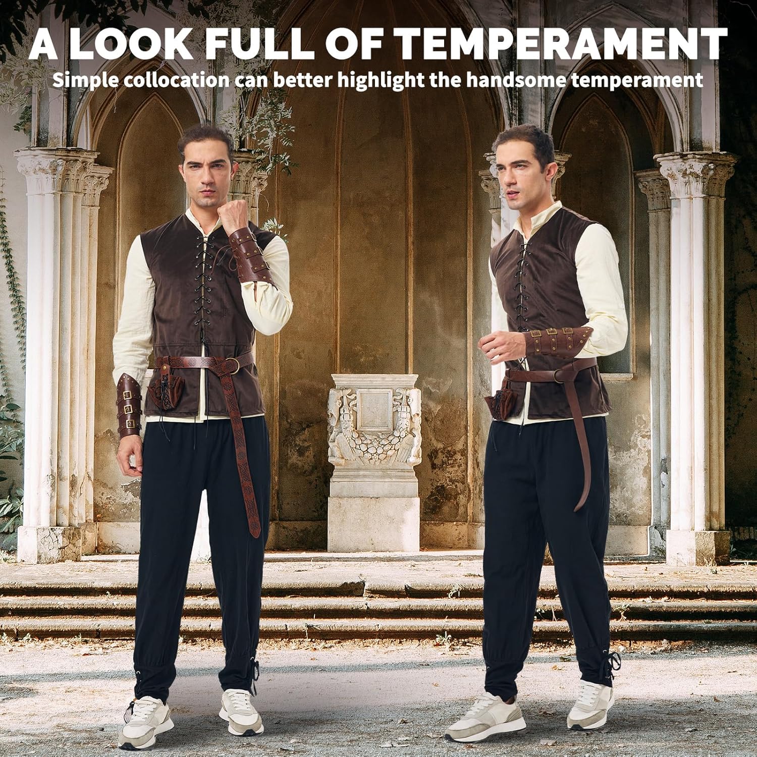 7PCS Mens Renaissance Costume Medieval Viking Outfit Pirate Shirt Pant Tunic Vest Belt Accessories for Halloween - Image 6