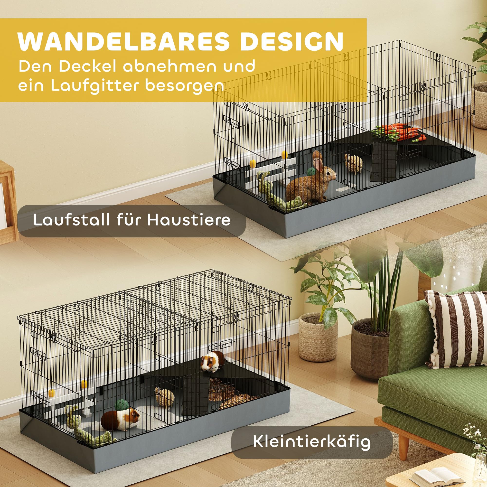 PawHut Kleintierkäfig, Nagerkäfig mit Rampe, Trennwand, Kaninchenkäfig mit abnehmbarem Verdeck, Stoffboden, Meerschweinchenkäfig für Kleintiere, Stahl, Schwarz | Nagerkäfig, Kaninchenkäfig mit Abnehmbarem Verdeck, Stoffboden, Meerschweinchenkäfig