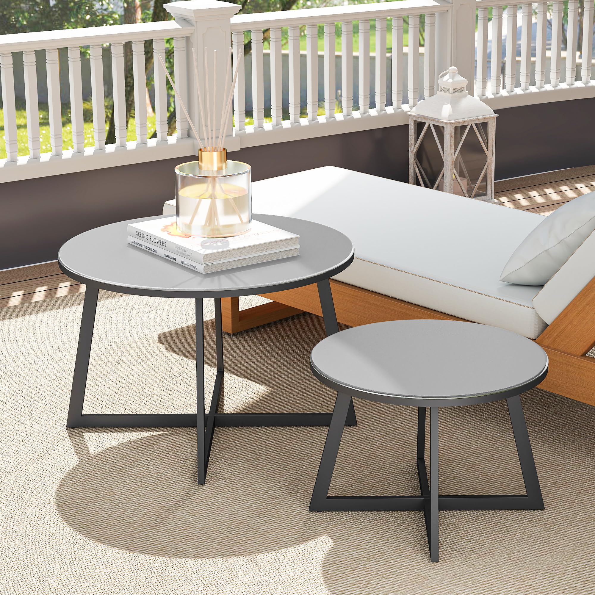 Outsunny Set 2 Tavolini da Giardino, Coppia di Tavolini da Caffè per Esterni con Piano in Vetro Temperato, Struttura in Acciaio, per Balcone e Terrazzo, Ø70x45 cm e Ø50x35 cm, Grigio e Nero