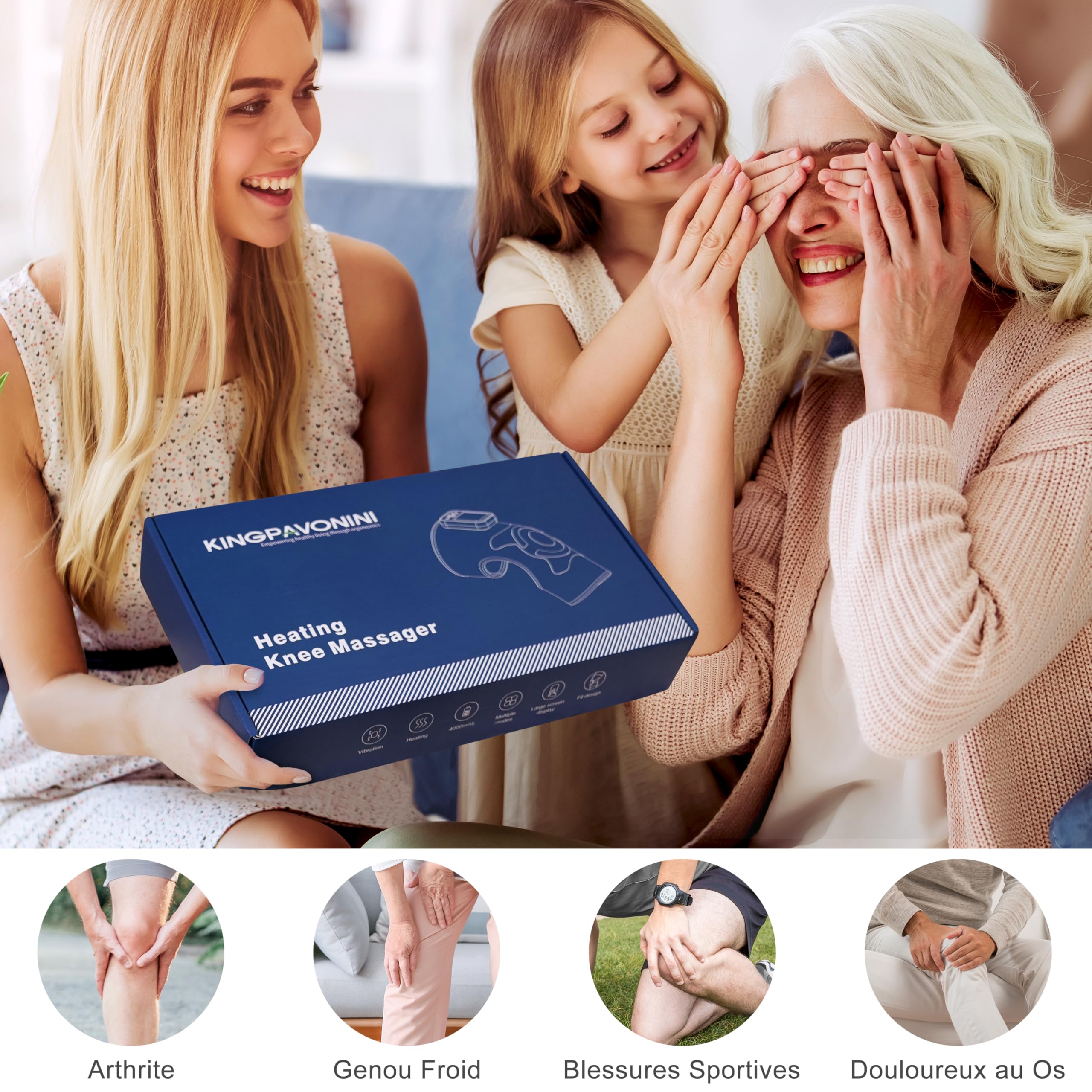 KingPavonini Genouillère Chauffante Sans Fil, Massage pour Genoux avec Chaleur, 4 Moteurs à Vibration, 5 Niveaux de Chaleur, 6 Modes, Genouillere Arthrose Genou, Cadeau pour Maman et Papa (1 Pièce)