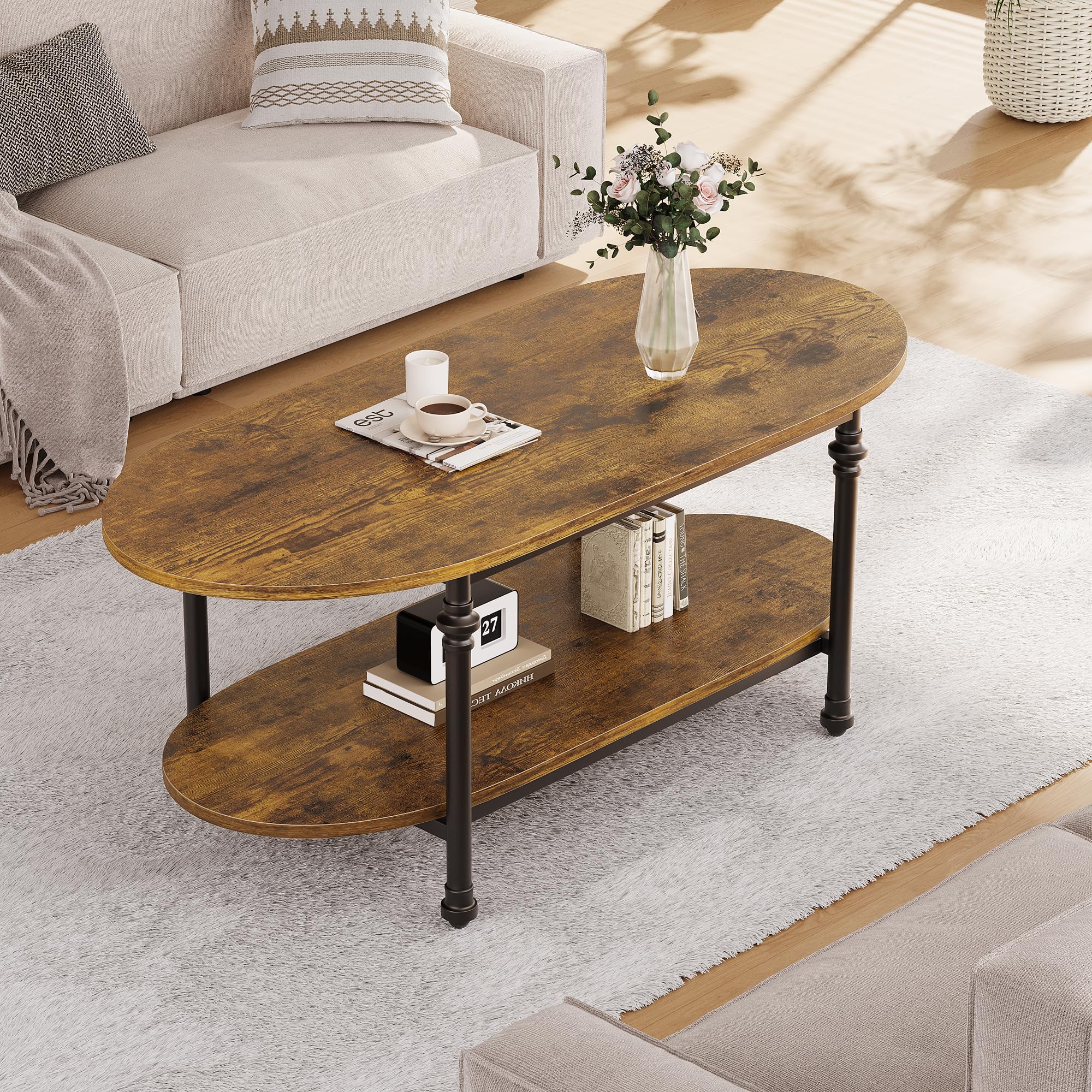 Mesa de centro ovalada de madera de 2 niveles – Patas metálicas estilo columna romana – Estante abierto – Diseño industrial rústico para salón, dormitorio u oficina – Mesa auxiliar vintage – vintage
