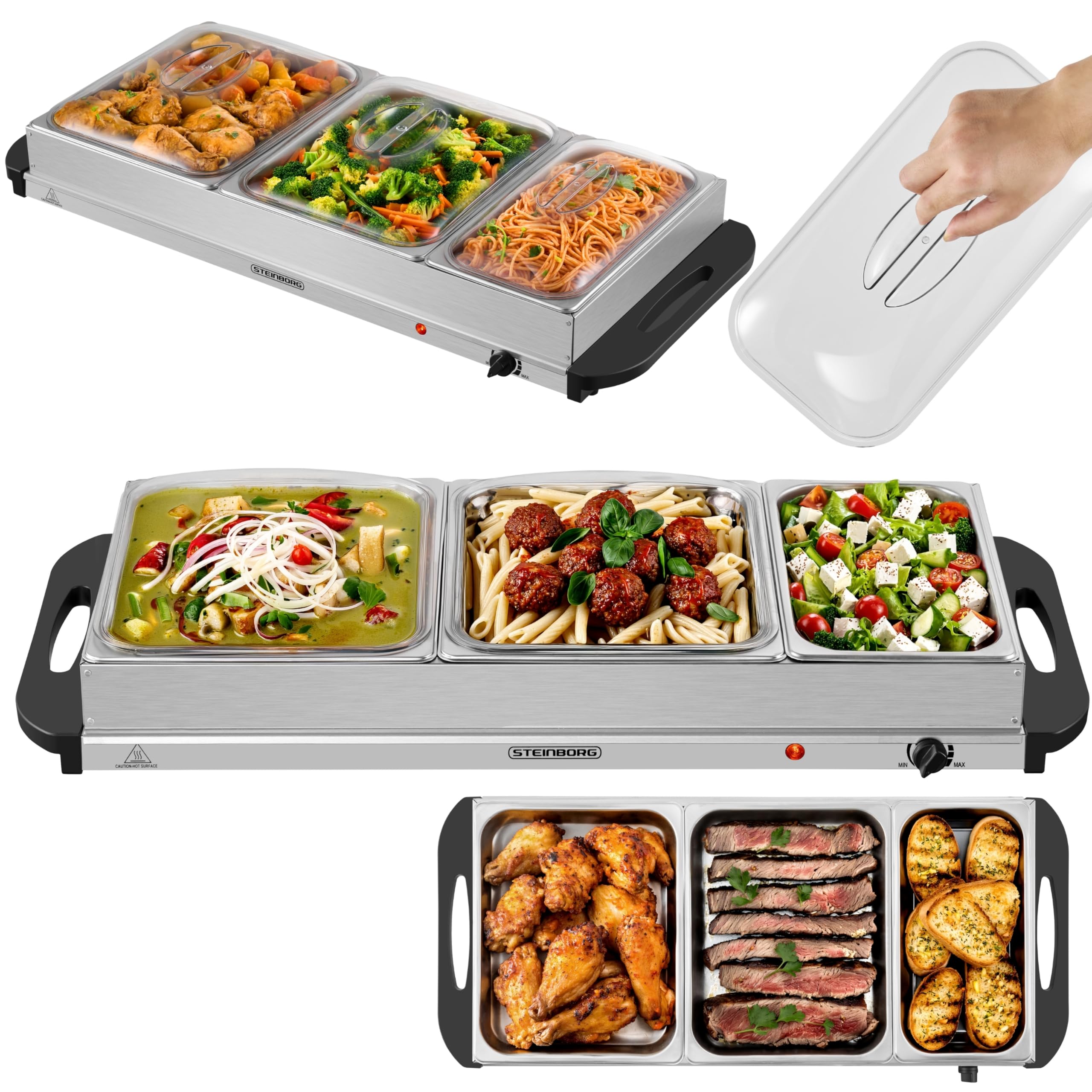 Steinborg® Elektrischer Buffetwärmer 3 Schalen – Speisenwärmer 450W Temperaturregelung, Warmhalteplatte mit 2 x3,7L + 1x2,5L Behältern Warmhaltebehälter Buffet Server für Partys, Catering und Familie
