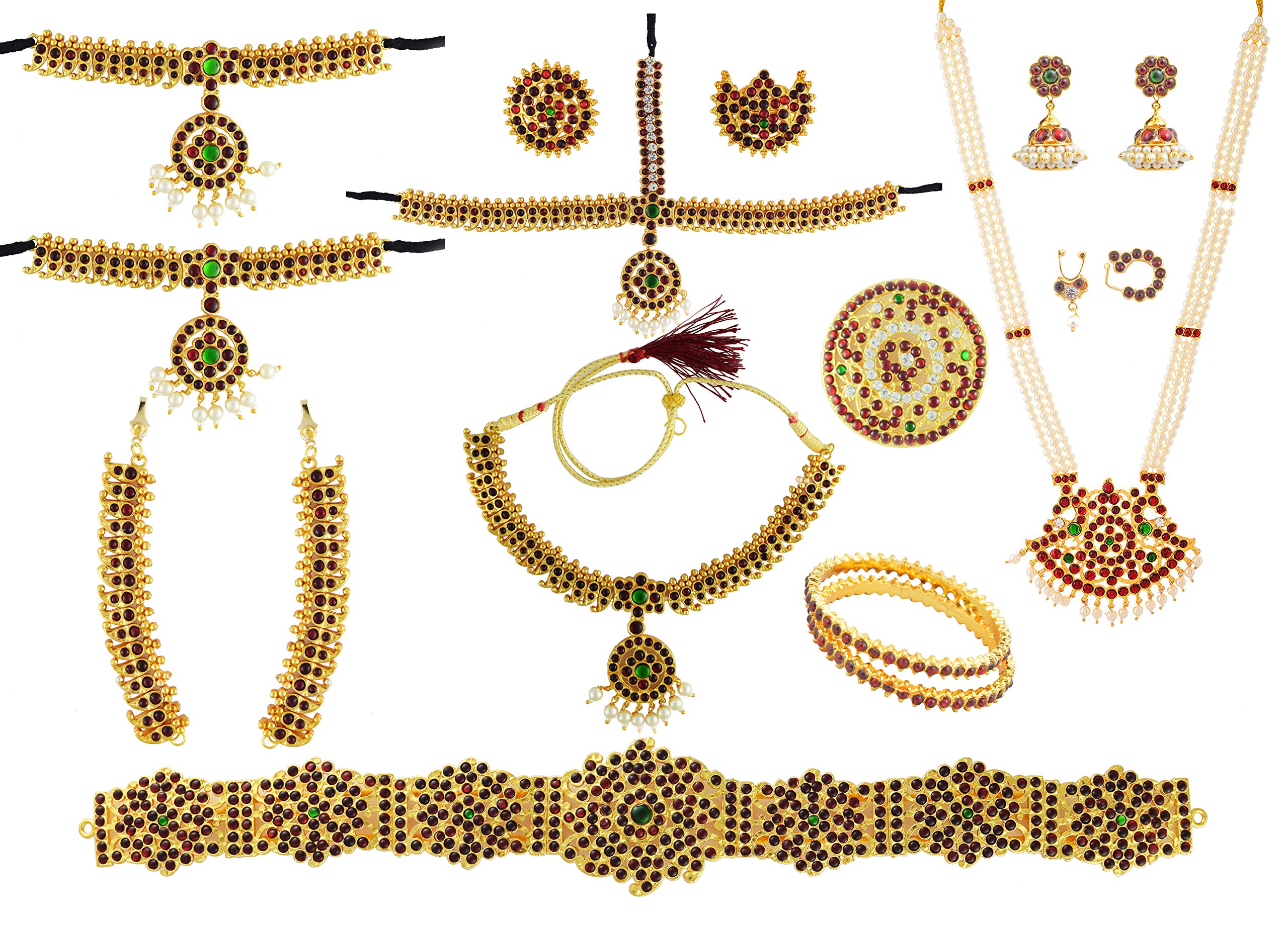 UG Products Complete Set Bharatanatyam Jewellery with All The 10 Separate Ornaments Made with Green and Red Quality Kemp Stones(S35)