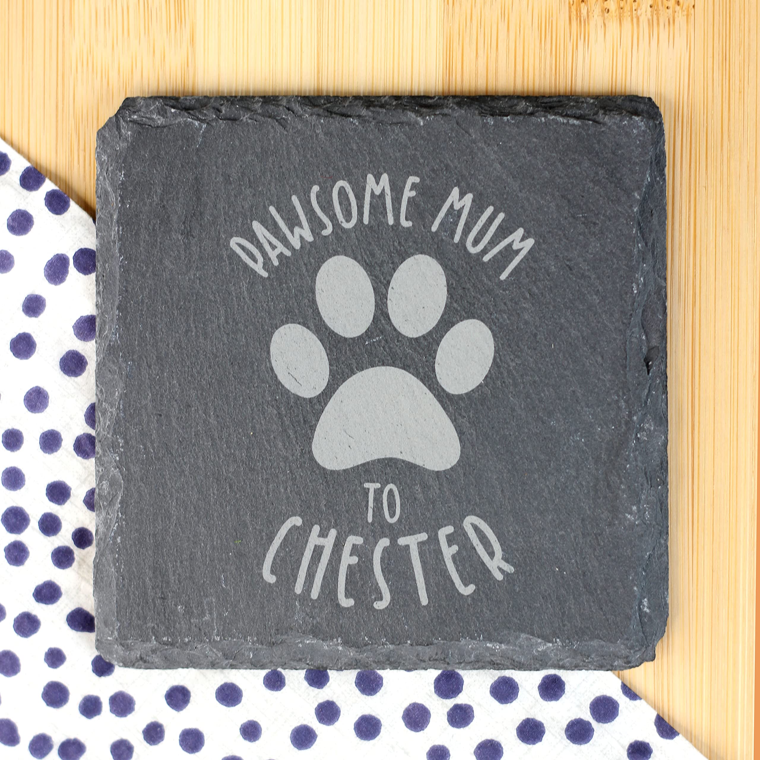 Ebuygb Light/Grey Personalised Slate Coaster, Pawsome Mum, Mummy, Mum Birthday Gift, Present From Dog/Cat, Engraved Slate Drinks Coaster (Square)