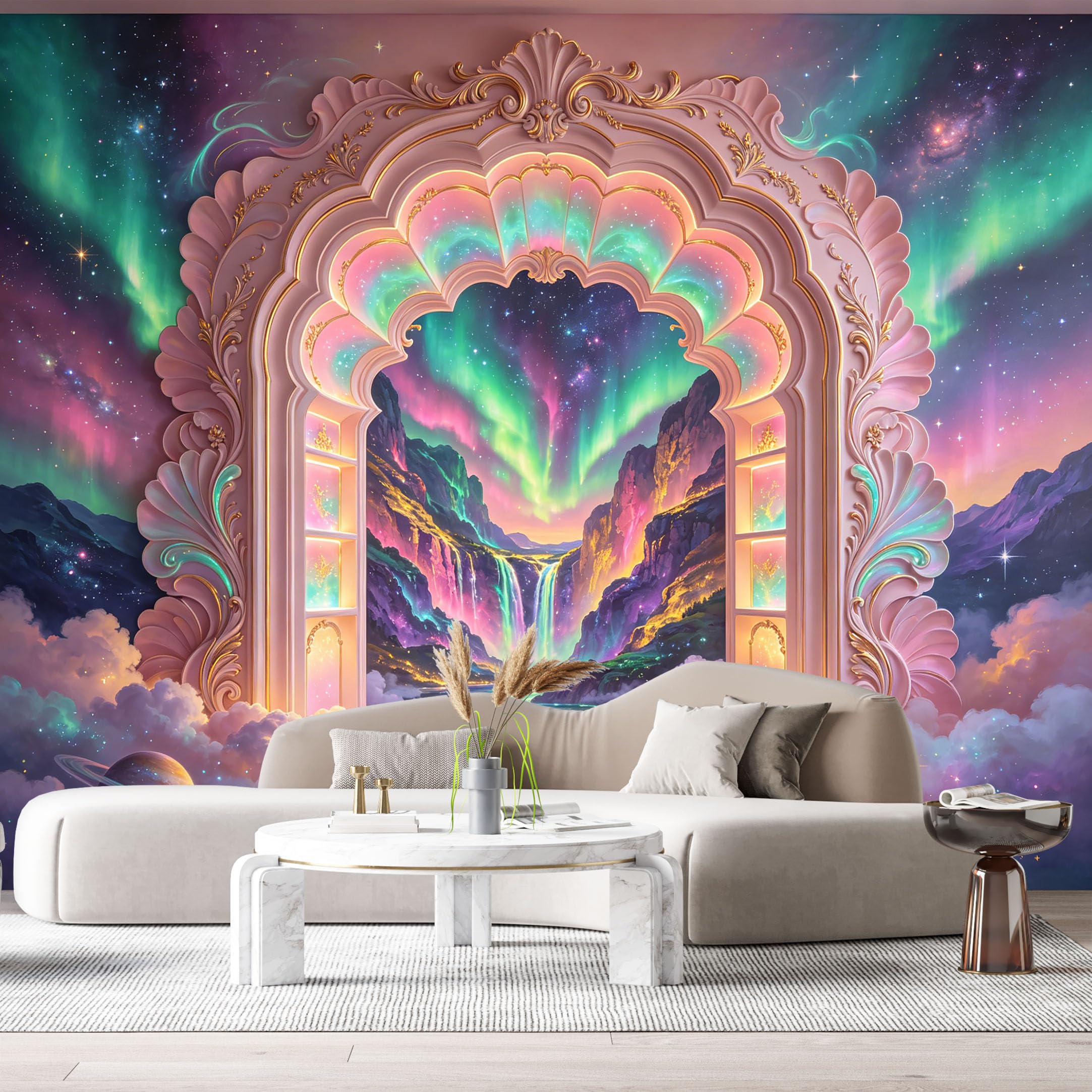 Custom Size Wall Murals Fantasy Cosmic Archway Mountain Aurora 3D Trompe L'Oeil SelfAdhesiveWall Fabric Removable Wallpaper Wall Decor for Living Room Bedroom Bathroom