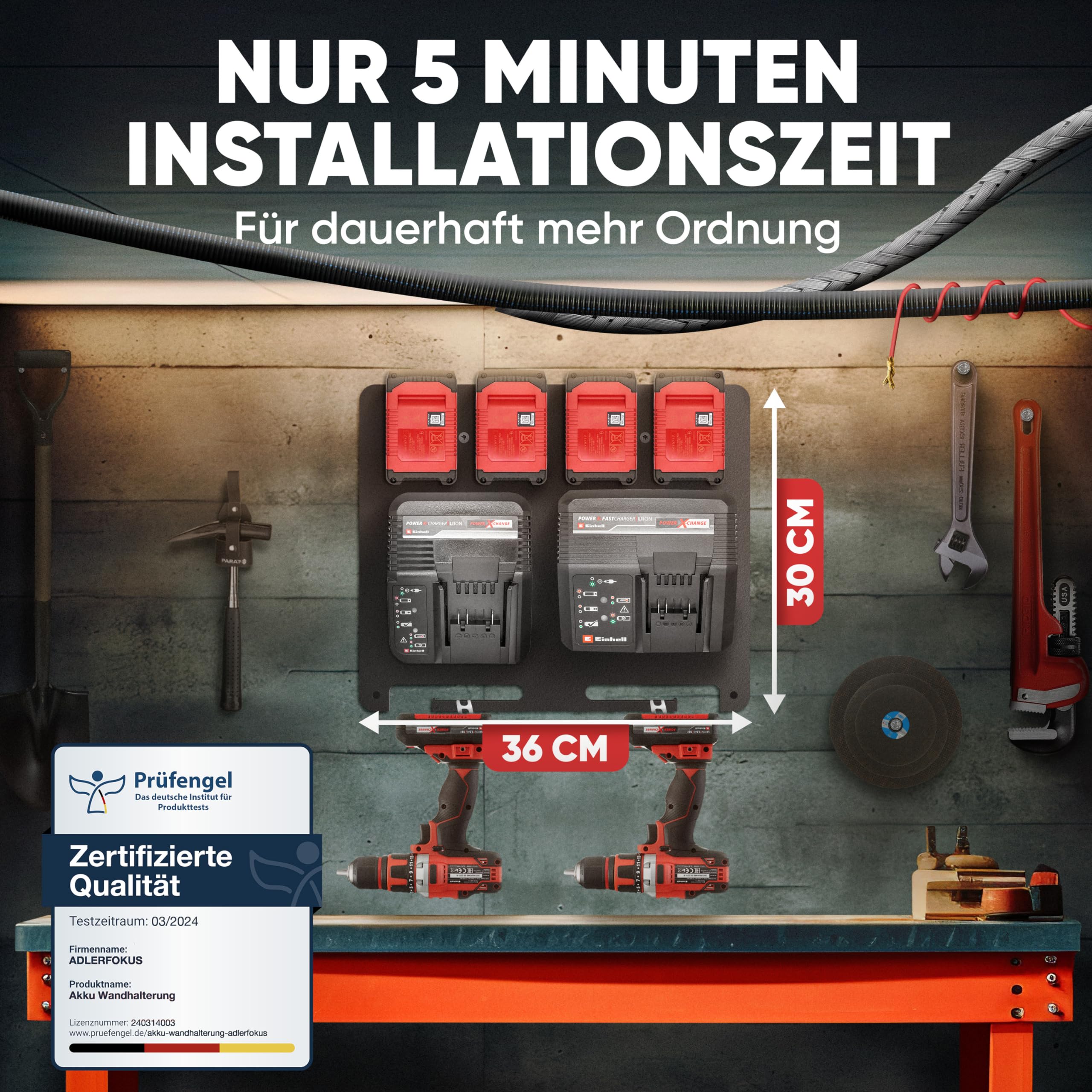 Adlerfokus Wandhalterung für Einhell Akkus & Ladegeräte [Made in Germany] Akkuhalter mit Premium Montagematerial - Akku Wandhalterung 18V - Einhell Akku Halterung Wand