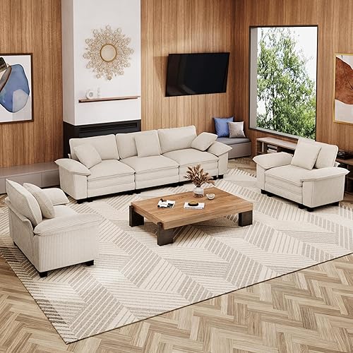 Miniatura 31 de Juego de sofá modular Cloud en forma de U, asiento profundo de 3 piezas, sofá modular de 6 plazas y brazos extraíbles, felpilla de felpa para sala